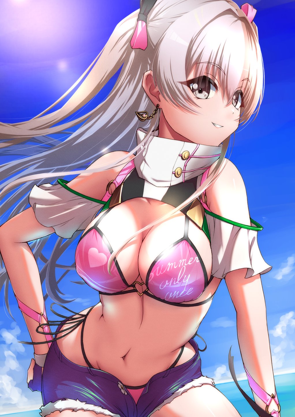 beach big_breasts bikini d4dj hand_on_hip hiraken shinomiya_kokoa shorts swimwear text