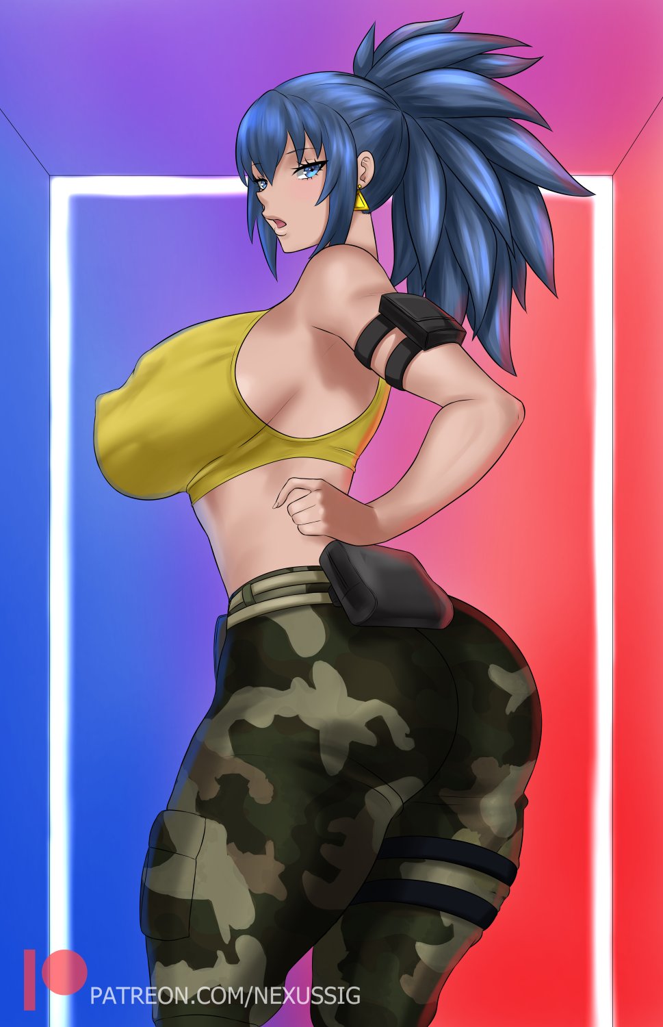 big_ass big_breasts big_butt blue_eyes blue_hair camo camo_print camouflage clothed earrings fat_breasts female king_of_fighters leona_heidern light-skinned_female light_skin long_hair looking_back military military_clothing military_uniform nexus-sig nipple_bulge open_mouth pants tank_top thick_thighs thighs tied_hair yellow_tank_top