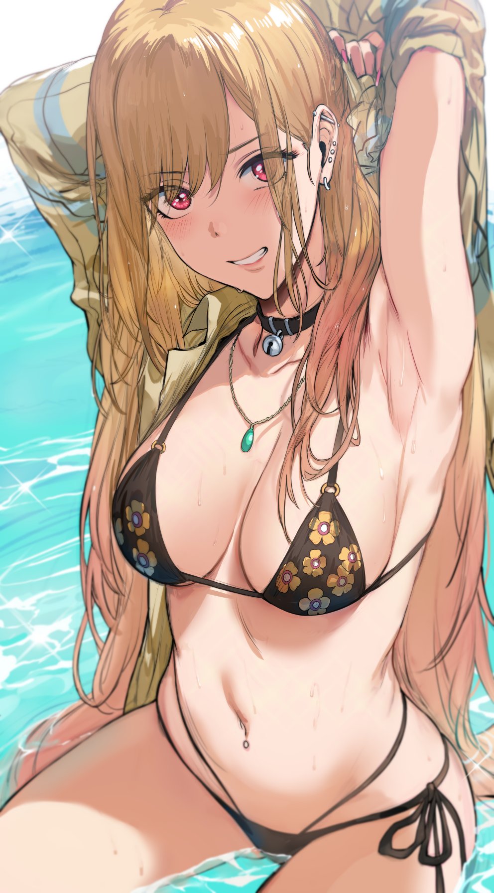 1girls, armpits, arms up, black panties, blonde hair, bra, choker, ear piercing, earrings, female, female only, gyaru, hews hack, horny, kitagawa marin, looking at viewer, navel piercing, piercing, pink eyes, smile, solo, sono bisque doll wa koi wo suru, water, wet