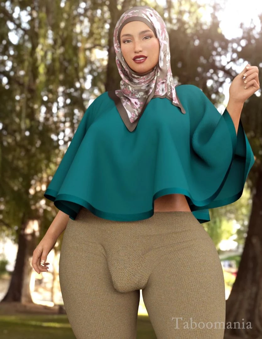 1futa 3d breasts bulge futanari hadiya hijab large_breasts looking_at_viewer outdoors pants red_lipstick solo taboomania tan-skinned_futanari tan_skin