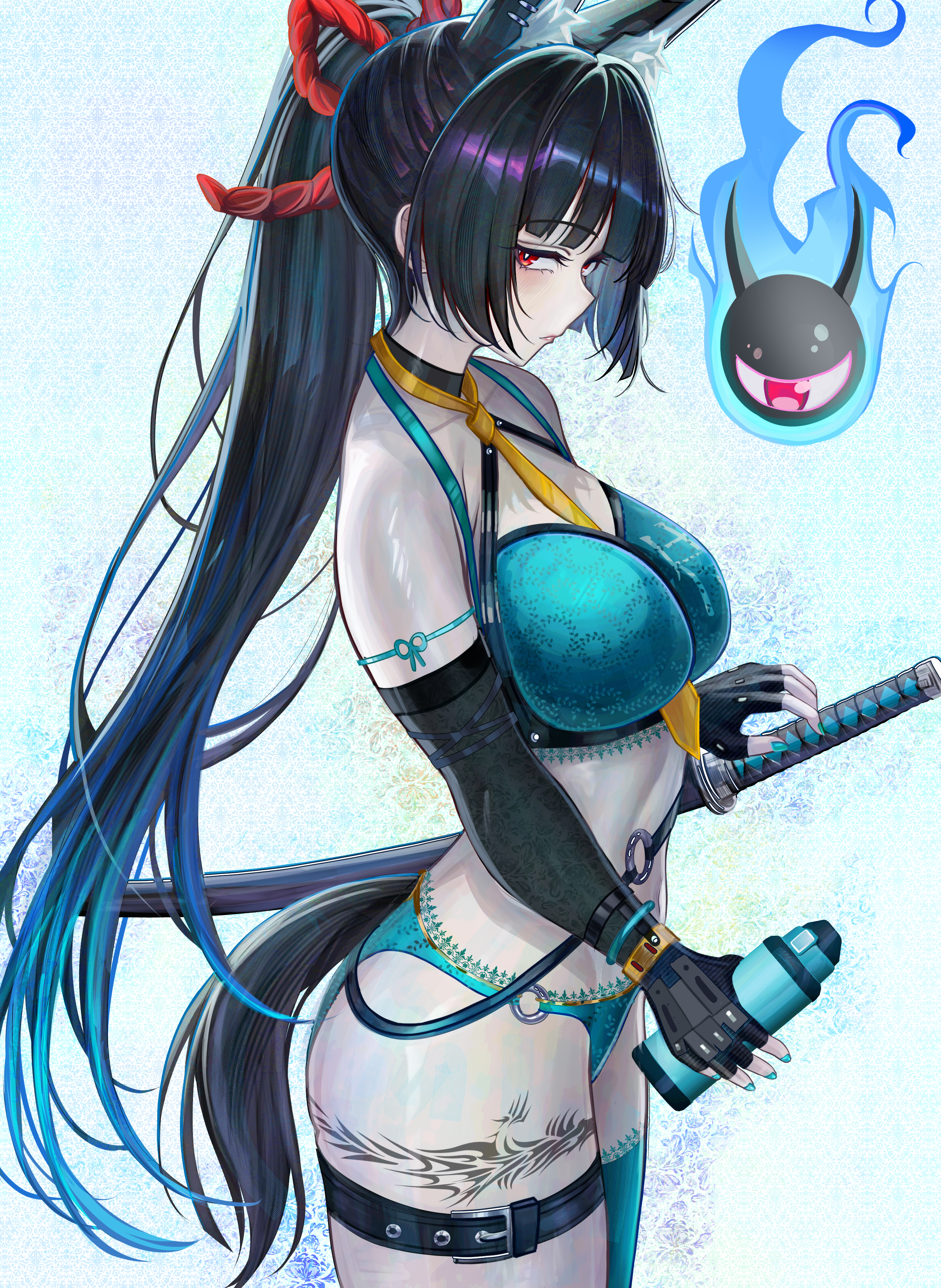 1girls, animal ears, ass, bikini, female, gurei (streaper42846), hoshimi miyabi, katana, kemonomimi, leg tattoo, red eyes, scabbard, swimsuit, sword, tail, tattoo, tattoo on legs, thermos, thighs, zenless zone zero
