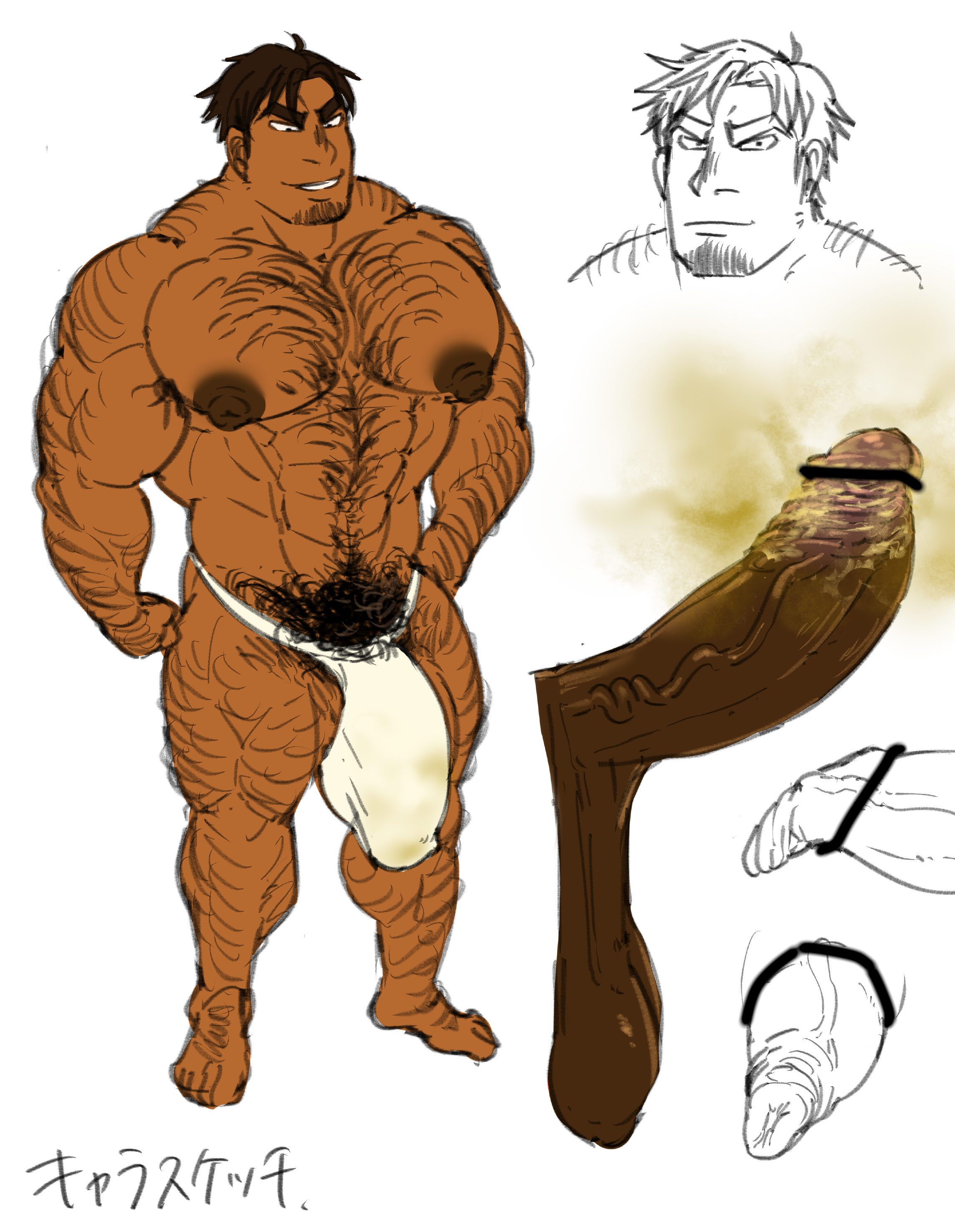 1boy, 2025, arm hair, armpit hair, bar censor, bara, big bulge, big penis, brown hair, bulge, censored, chest hair, daddy, dilf, erection, foreskin, foreskin folds, gay, gross, hairy, hairy legs, hanging balls, japanese text, long foreskin, male, male only, mojamoja, muscular, musk, nipples, original, penis, pubic hair, puffy nipples, sanpaku, simple background, smegma, solo, tan skin, text, thong, uncensored, white background, white thong, yaoi