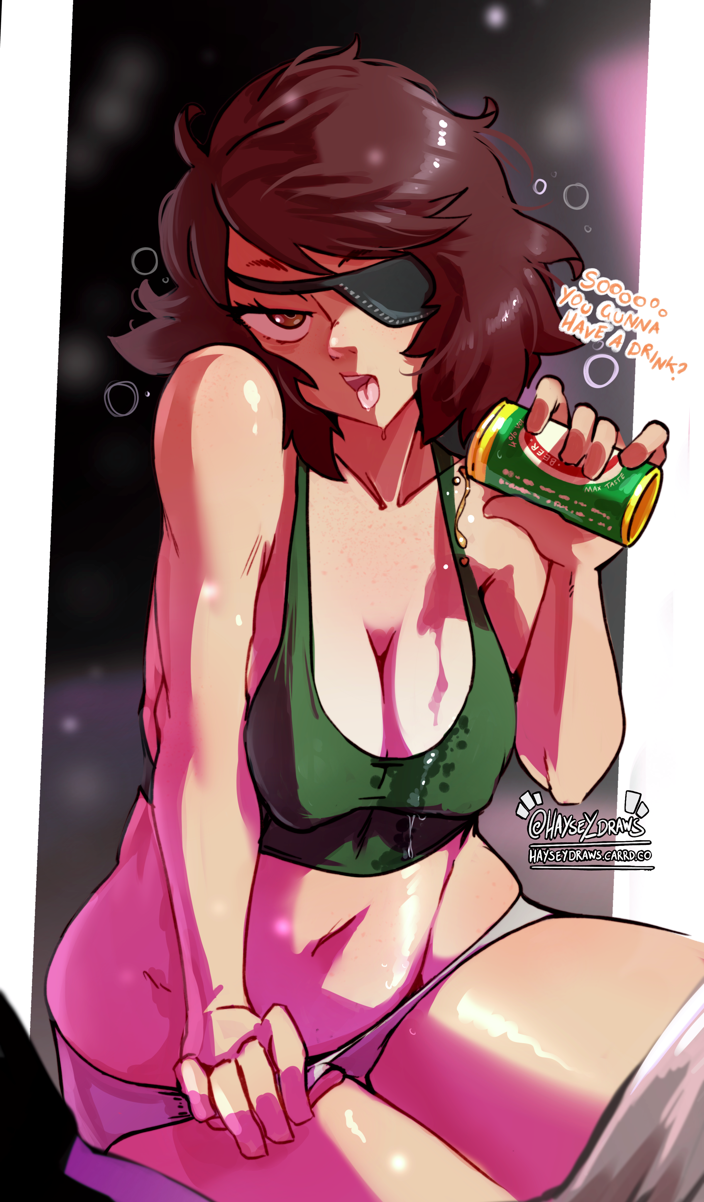 1girls, beer, big breasts, breasts, brown eyes, brown hair, chainsaw man, cleavage, cosplay, english text, exposed stomach, eyepatch, female, female only, freckles, freckles on chest, freckles on shoulders, haysey draws, himeno (chainsaw man) (cosplay), medium hair, megami tensei, persona, persona 5, pouring on self, pulling down panties, pulling panties, sadayo kawakami, spilling, spilling drink, text, undressing, wet shirt