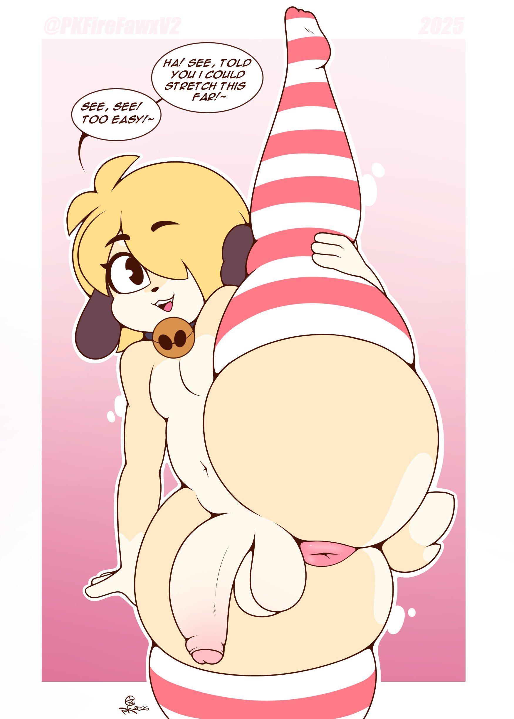 1boy, 2d, 2d artwork, anus, artist name, artist signature, ass, bottom heavy, bubble ass, bubble butt, canine, femboy, femboy penis, flexible, flexing, furry, furry femboy, furry male, gay, male, niko (pkfirefawx), penis, pkfirefawx, text, text box, text bubble, thick thighs, twink, wide hips