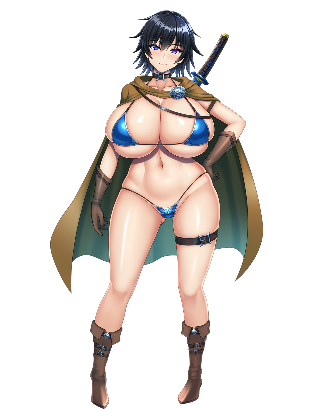 1girls, 2025, belt collar, big breasts, bikini, bikini armor, black hair, blue bikini, blue eyes, boots, breasts, cape, female, female only, female warrior, gloves, hand on hip, huge breasts, katana, light blush, looking at viewer, original, original character, rough (riferio), smiling, smiling at viewer, solo, sword, thick thighs, thigh belt, thigh strap, warrior, weapon on back, white background, wide hips