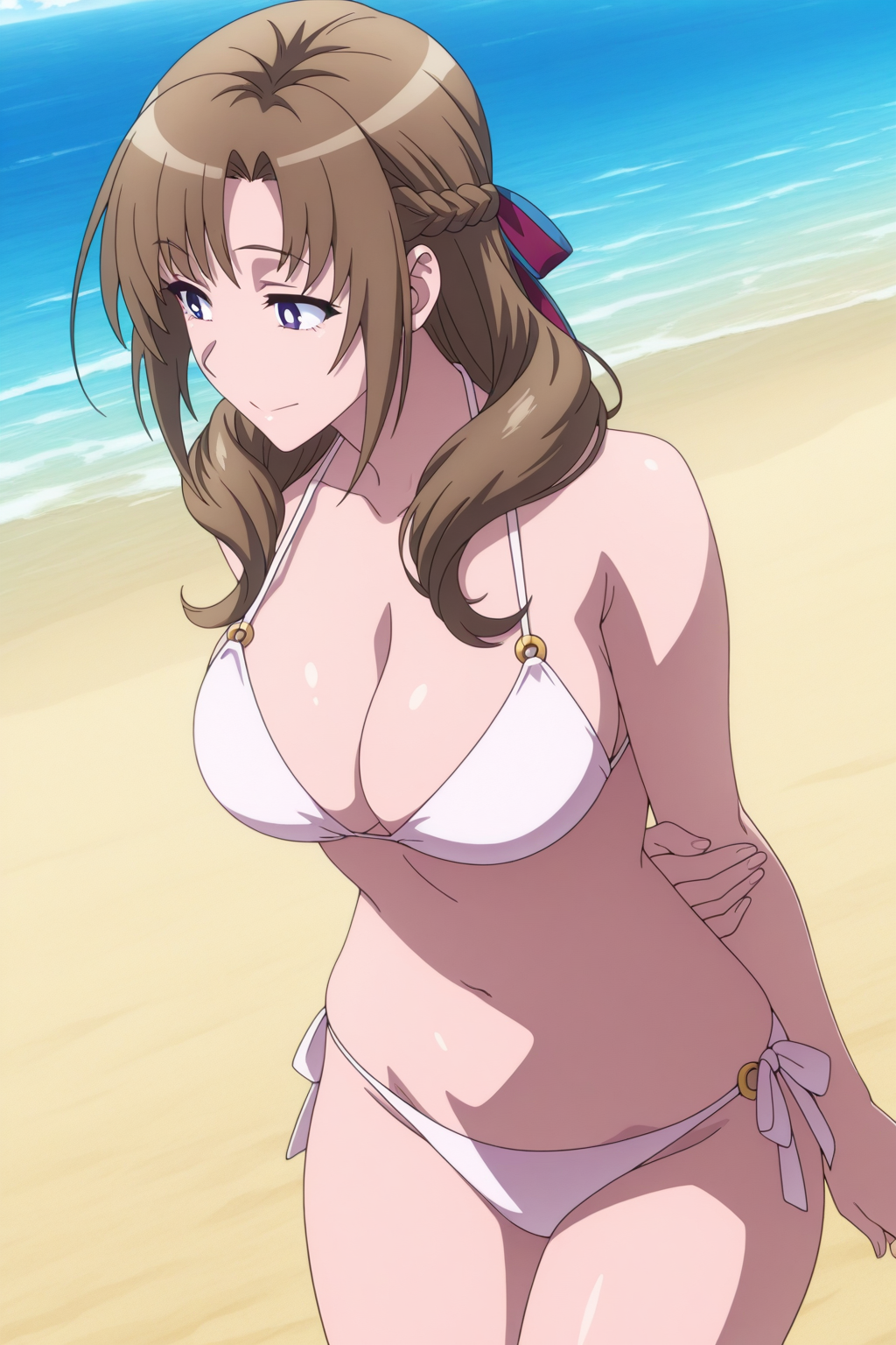ai, ai generated, beach, big breasts, bikini, breasts, female, hand behind self, oosuki mamako, tsuujou kougeki ga zentai kougeki de ni-kai kougeki no okaasan wa suki desu ka?