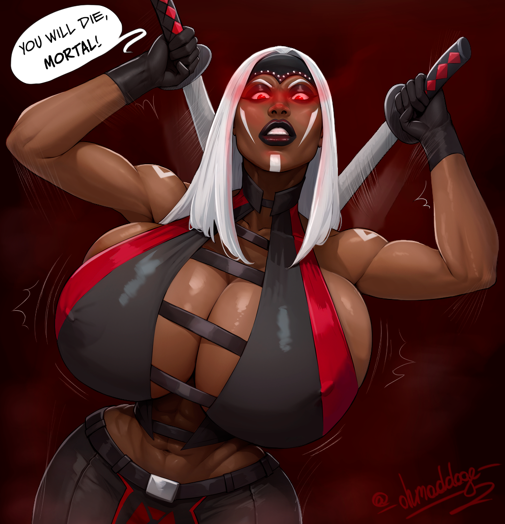 abs, angry, ass, big ass, big breasts, bimbo, bimbo body, bimbo lips, black background, black lipstick, breasts, dark skin, dark-skinned female, face tattoo, female, gloves, jataaka, leather clothing, midway, mortal kombat, muscular, navel, ohmaddoge, red eyes, sword, tattoo, tattoos, warner brothers, white hair, wide hips