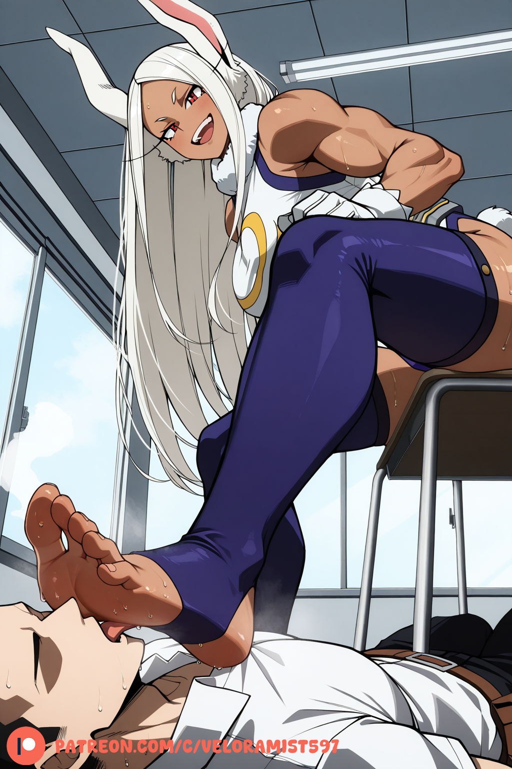 1boy, 1girls, ai generated, animal ears, dark skin, dark-skinned female, detailed background, faceless male, feet, feet focus, feet up, female, female focus, foot fetish, foot focus, footwear, imminent interracial, interracial, interracial sex, light skin, light-skinned male, long eyelashes, long hair, male, male/female, mirko, miruko, my hero academia, rabbit, rabbit ears, rabbit girl, rabbit tail, red eyes, rumi usagiyama, smelly, smelly feet, soles, steam, steaming body, steamy feet, straight, sweat, sweatdrop, sweating, sweaty, sweaty feet, veloramist, white hair