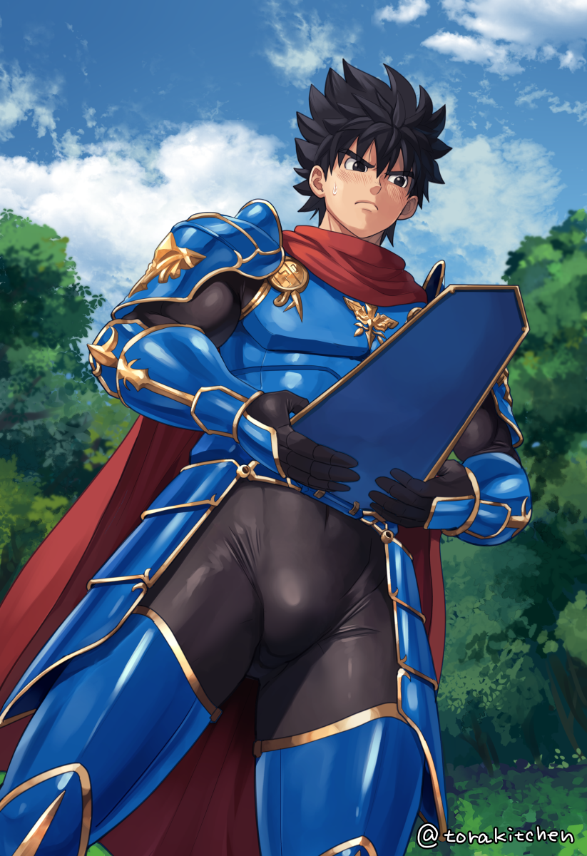 1boy armor armored_boots armored_gloves armored_skirt big_bulge black_eyes black_hair bodysuit bulge bulge_through_clothing cape cloud dragon_quest dragon_quest_iii ebitendon embarrassed forest fully_clothed gauntlets gay hero_(dq3) hi_res holding_object legs_apart lifting_clothing low-angle_view male male_only plate_armor roto short_hair sky solo spiky_hair standing sweat sweatdrop tassets thick_eyebrows torakichi_(ebitendon) torakitchen tree yaoi
