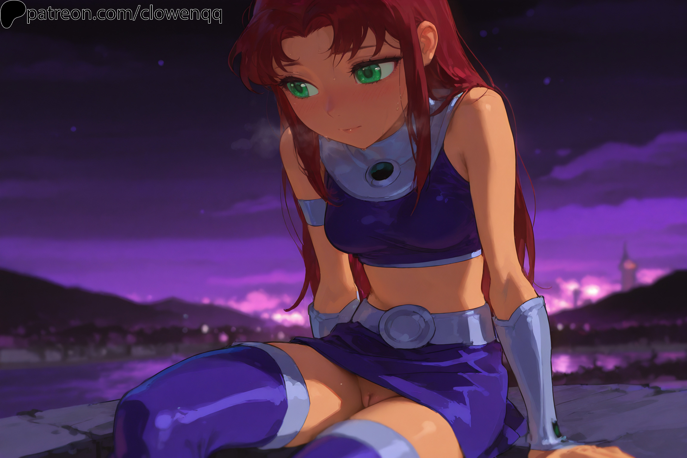 1girls, ai generated, blush, clowenqq, dc, dc comics, female, female focus, female only, green eyes, innie pussy, no panties, pussy, red hair, sitting, skirt, solo, solo female, solo focus, starfire, teen titans, thighhighs, thighs, uncensored