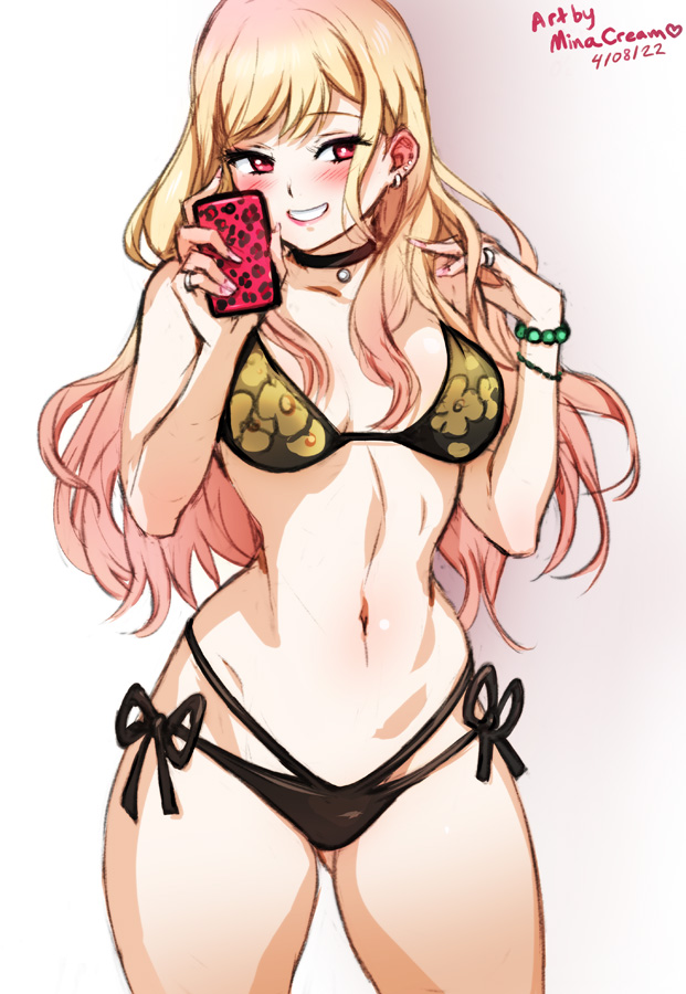 1girls, belly button, bikini, blonde hair, blush, bracelet, breasts, cellphone, collar, female, kitagawa marin, long hair, looking at viewer, minacream, red eyes, smile, solo, sono bisque doll wa koi wo suru, thighs, wristband