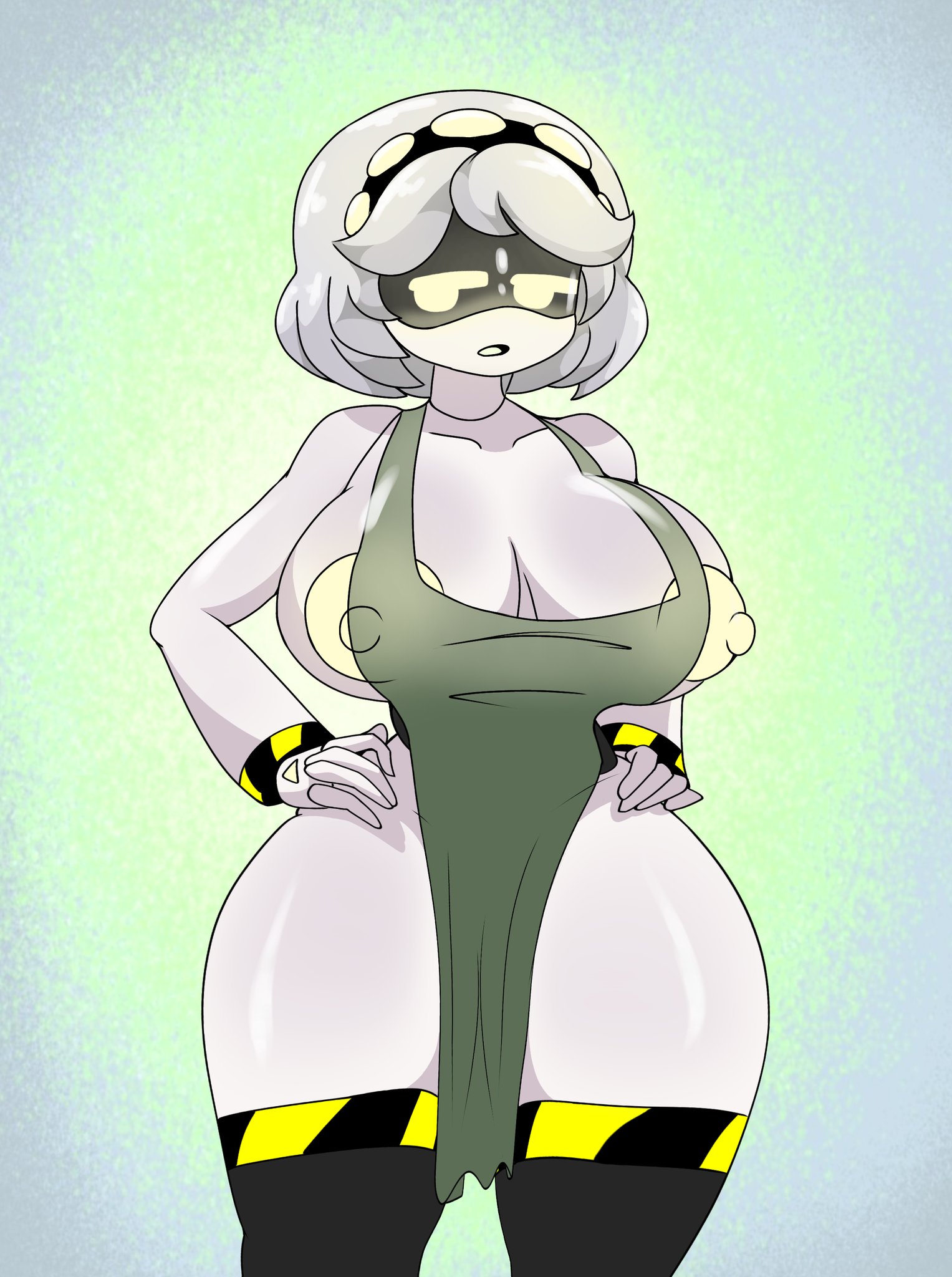 1girls, apron, big breasts, breasts, female, female focus, female only, glitch productions, green apron, hands on hips, murder drones, naked apron, nipples, nude, nude female, robot, robot girl, robot humanoid, silver hair, solo, solo female, tannicfer, thick thighs, thighs, v (murder drones), wide hips, yellow eyes
