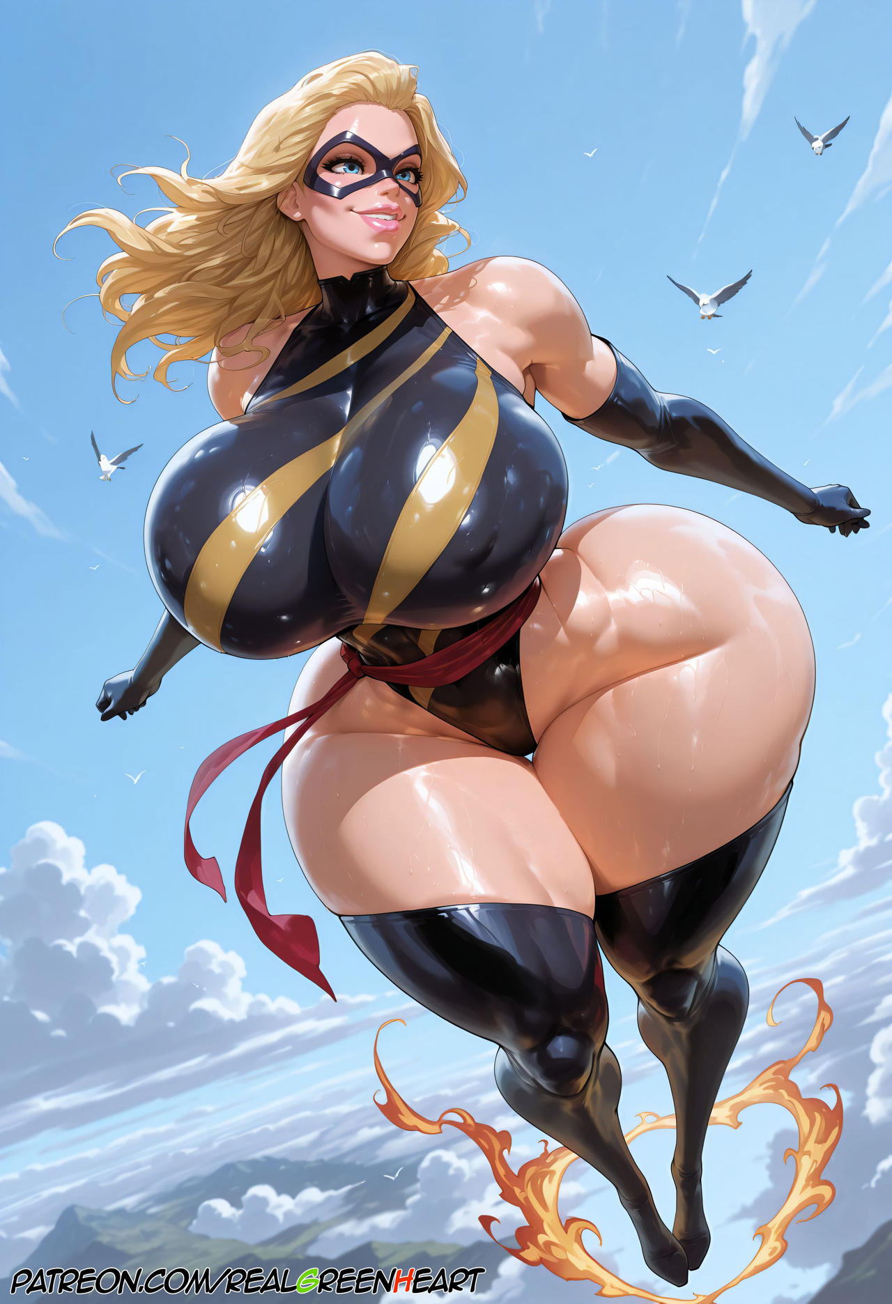 1girls, ai generated, ass, big breasts, blonde, breasts, busty, captain marvel, female, hyper breasts, hyper hips, hyper hourglass, hyper thighs, marvel, marvel comics, masked female, massive ass, realgreenheart, solo, solo female, superheroine