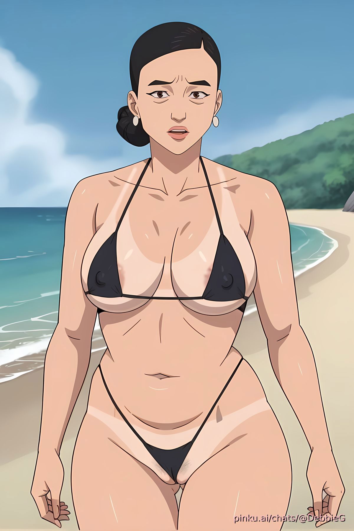 ai generated, asian female, beach background, debbie grayson, deborah grayson, female, invincible (tv series), micro bikini, pinku.ai, pussy, pussy slip, tanline