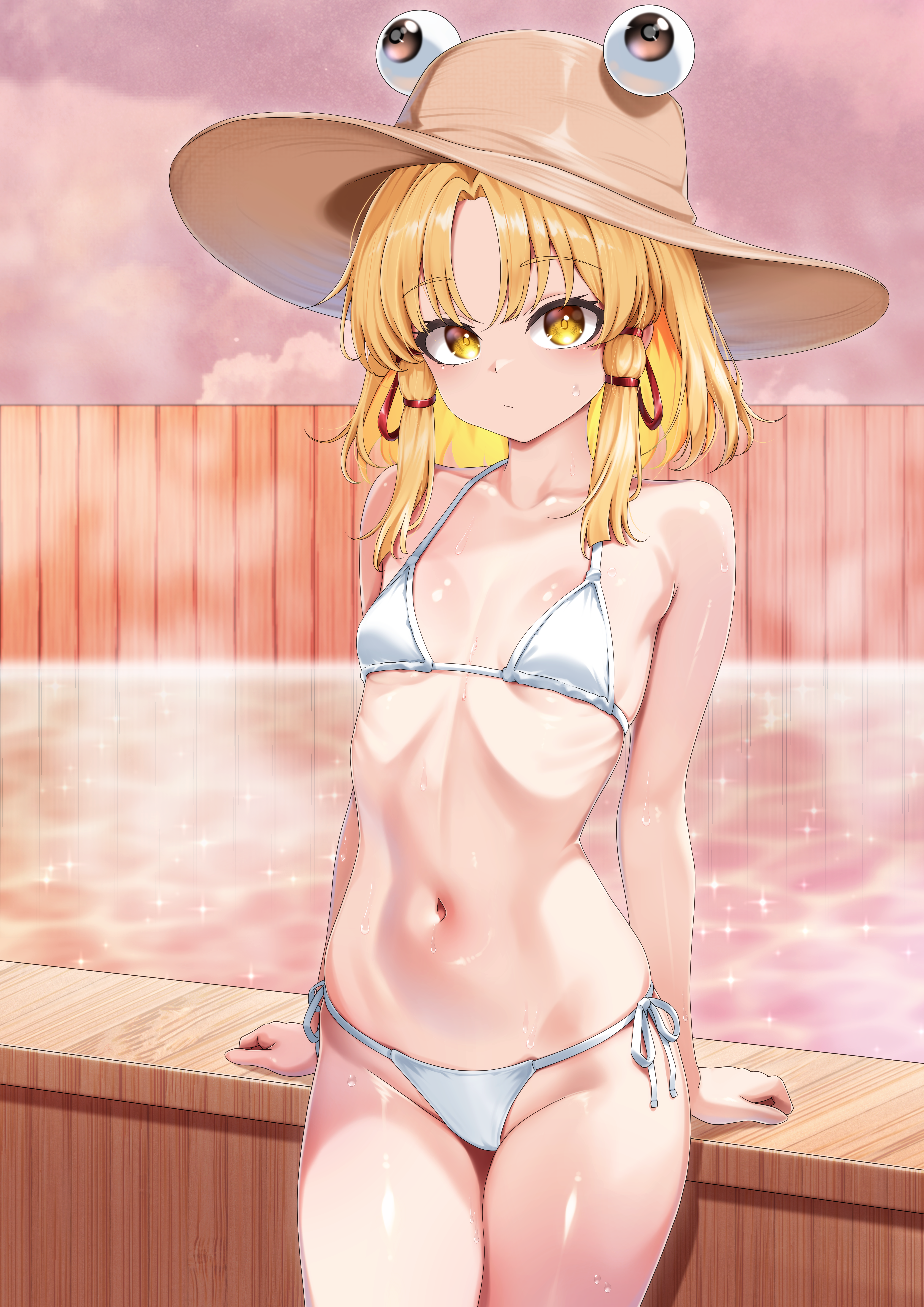 1girls, bikini, blonde hair, female, flat chest, hot spring, leo23, light-skinned female, looking at viewer, navel, petite, solo, suwako moriya, touhou, yellow eyes