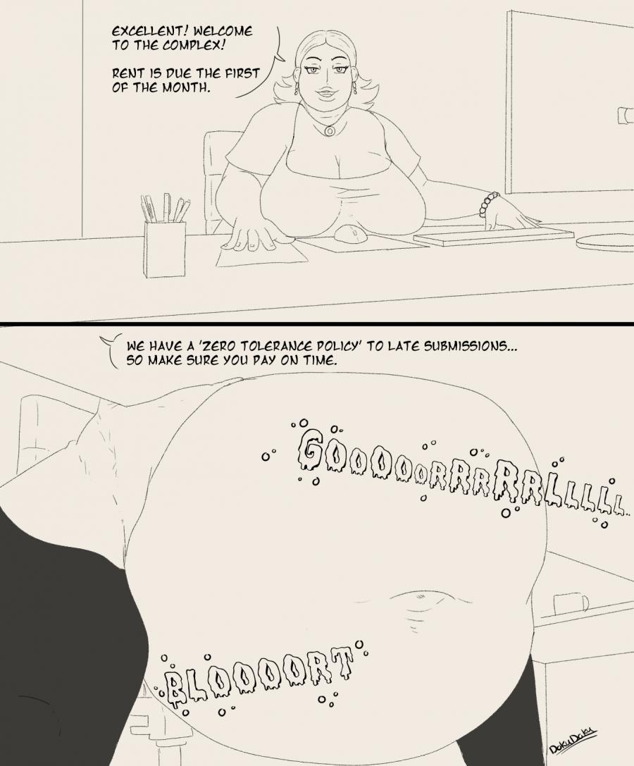 bbw, bbw pred, big belly, big breasts, breasts, digestion noises, dokudoku, female, milf, milf pred, original, under desk, vore, vore belly, weight gain