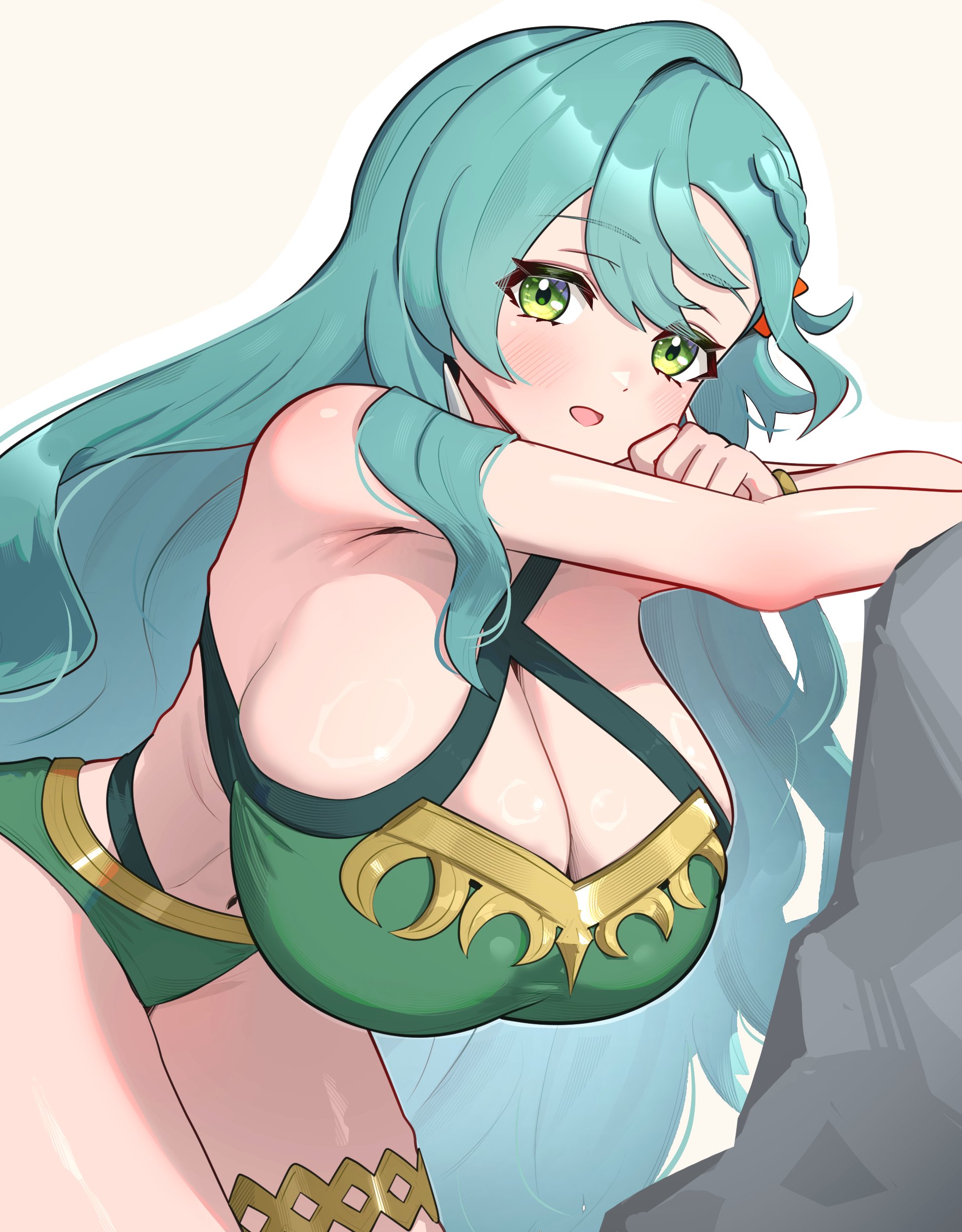 armpits, bending over, bikini, blue hair, bow, braid, breasts, busty, chloe (fire emblem), cleavage, female, fire emblem, fire emblem engage, gonzarez, gonzarez1938, green bikini, green eyes, hairbow, hanging breasts, huge breasts, intelligent systems, large breasts, long hair, navel, nintendo, round breasts, side braid, solo, swimsuit, thighs, top heavy, very long hair, wavy hair