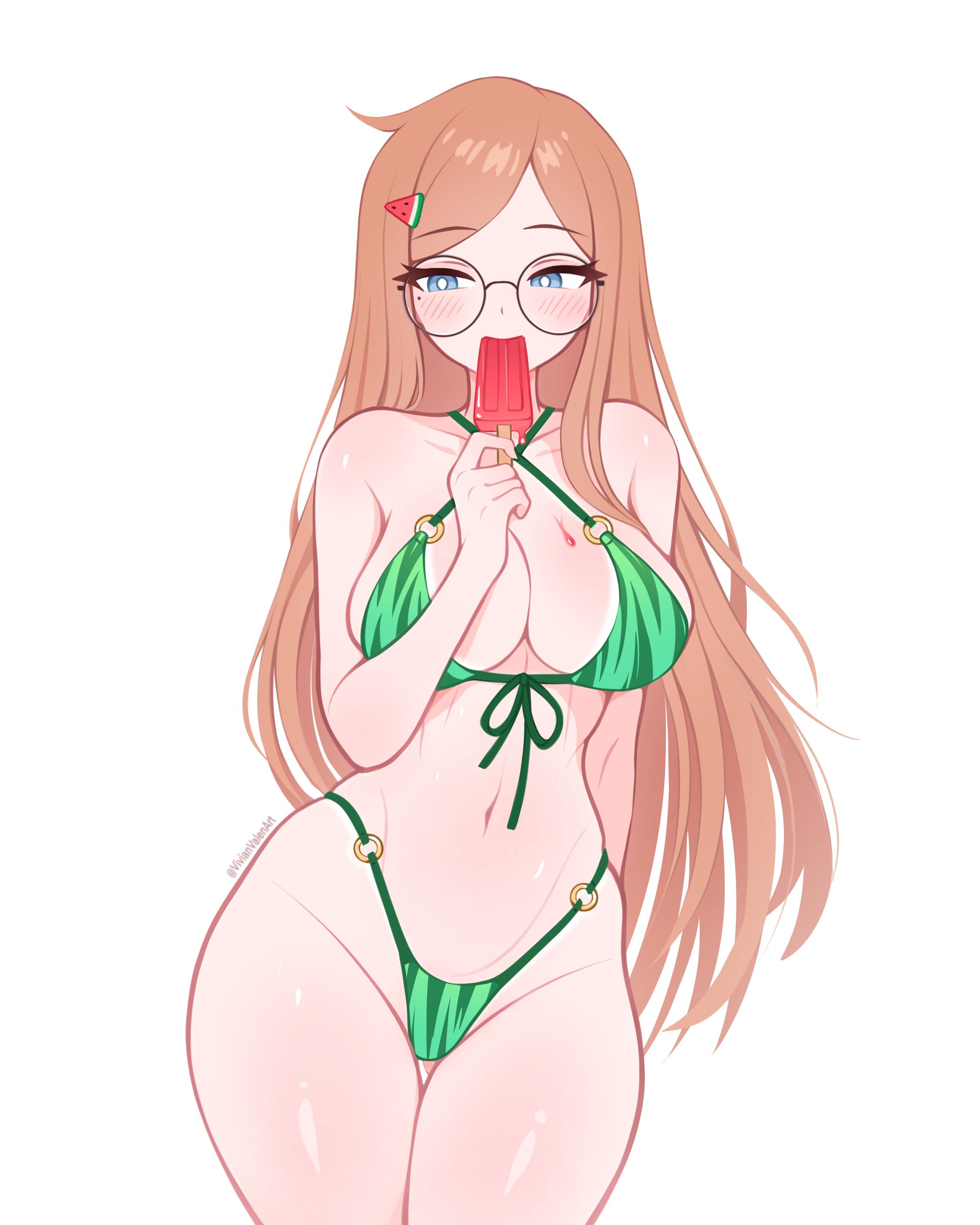 1girls, 2d, artist name, bikini, blue eyes, blush, circle glasses, cleavage, female, glasses, light skin, long hair, oc, orange hair, original, popsicle, popsicle in mouth, solo, solo female, tagme, vivianvalenart, watermelon, watermelon bikini, white background