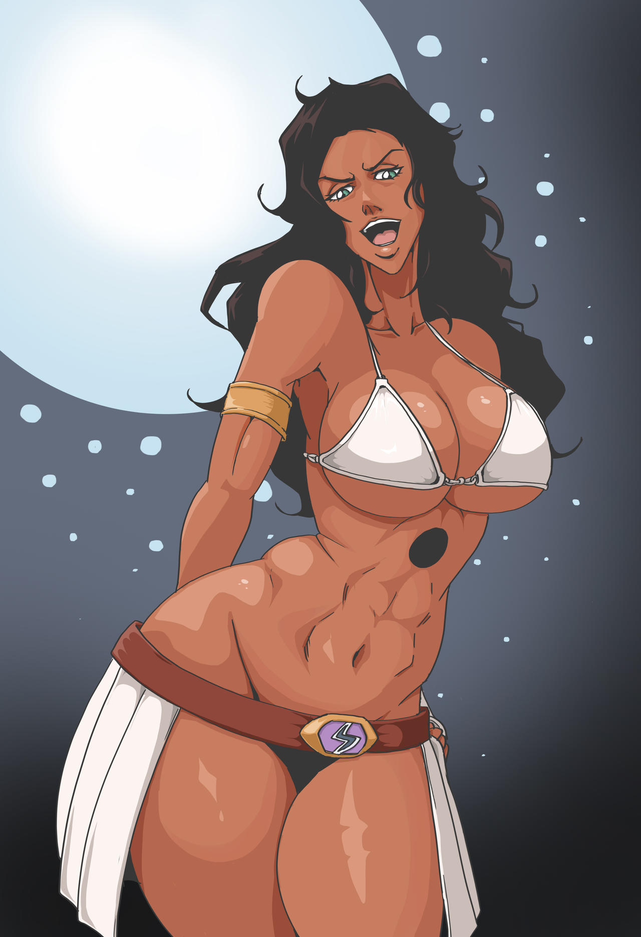 1girls, abs, athletic female, bikini, black hair, bleach, breasts, brown skin, cleavage, dark skin, dark-skinned female, female, female only, fit female, green eyes, large breasts, long hair, mila rose, voluptuous, wanderagro893