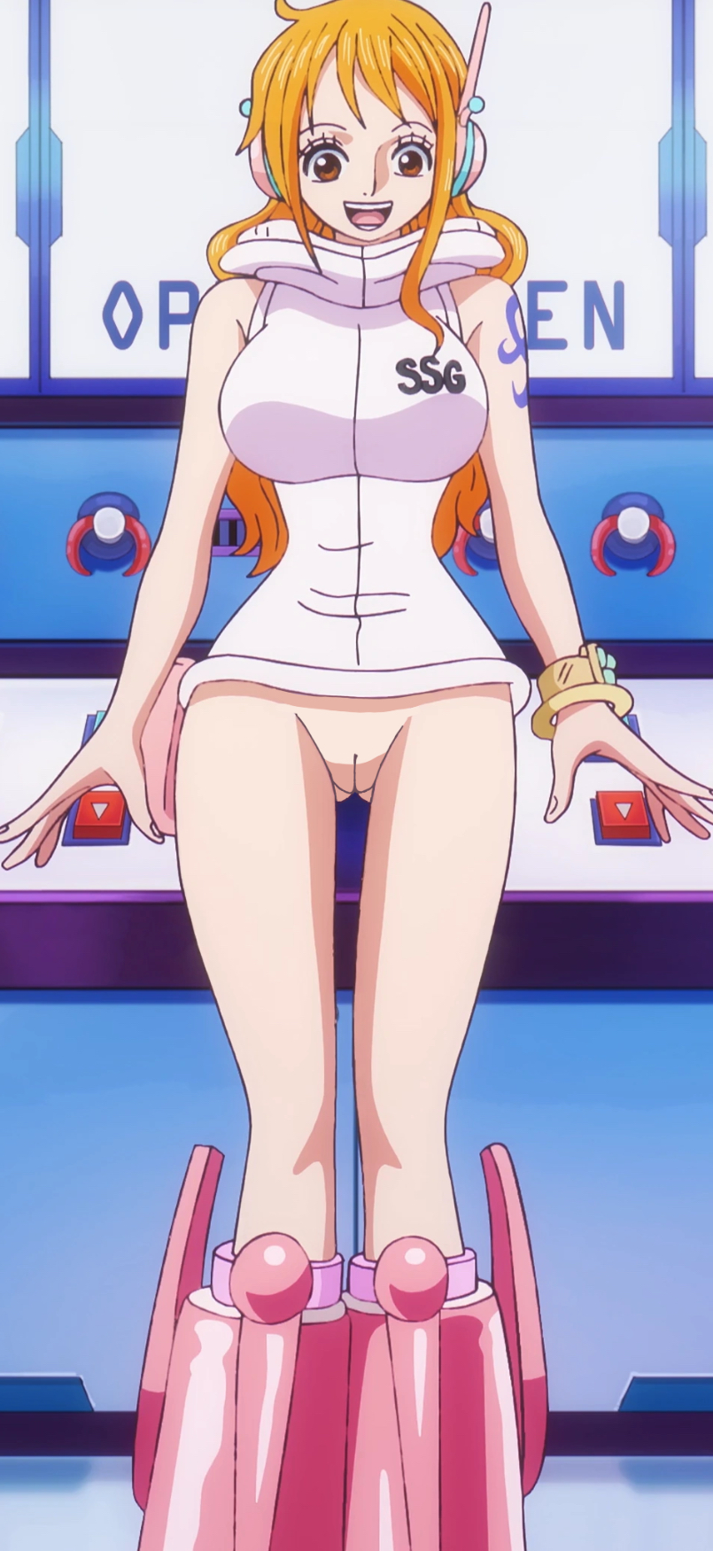 1girls, arm tattoo, artist request, blue tattoo, bottomless, clothing, egghead, egghead outfit, female, female only, lewd edit, m, nami (one piece), nude edit, nude filter, one piece, one piece: egghead arc, orange hair, orange-haired female, pussy, smile, tattoo