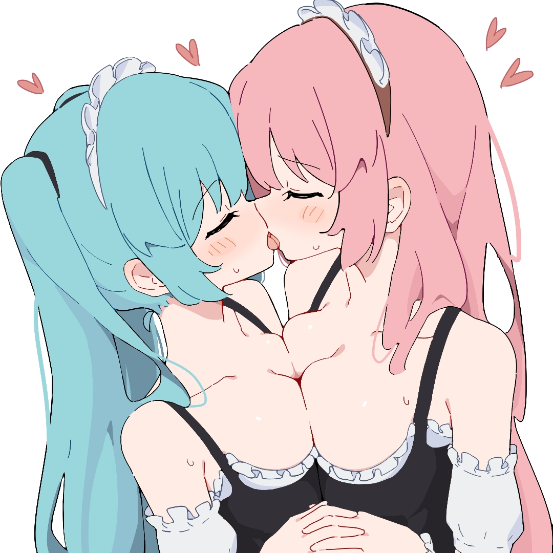 2girls, aqua hair, bare shoulders, black dress, blue hair, blush, breast press, breasts, cleavage, closed eyes, collarbone, commentary request, dress, female, french kiss, frills, giryu, hatsune miku, heart, holding hands, interlocked fingers, kiss, kissing, large breasts, lesbian kiss, long hair, maid, maid headdress, medium breasts, megurine luka, multiple females, multiple girls, off shoulder, off-shoulder shirt, pink hair, shirt, simple background, sweat, symmetrical docking, tongue, tongue out, twintails, upper body, vocaloid, white background, white headdress, yuri