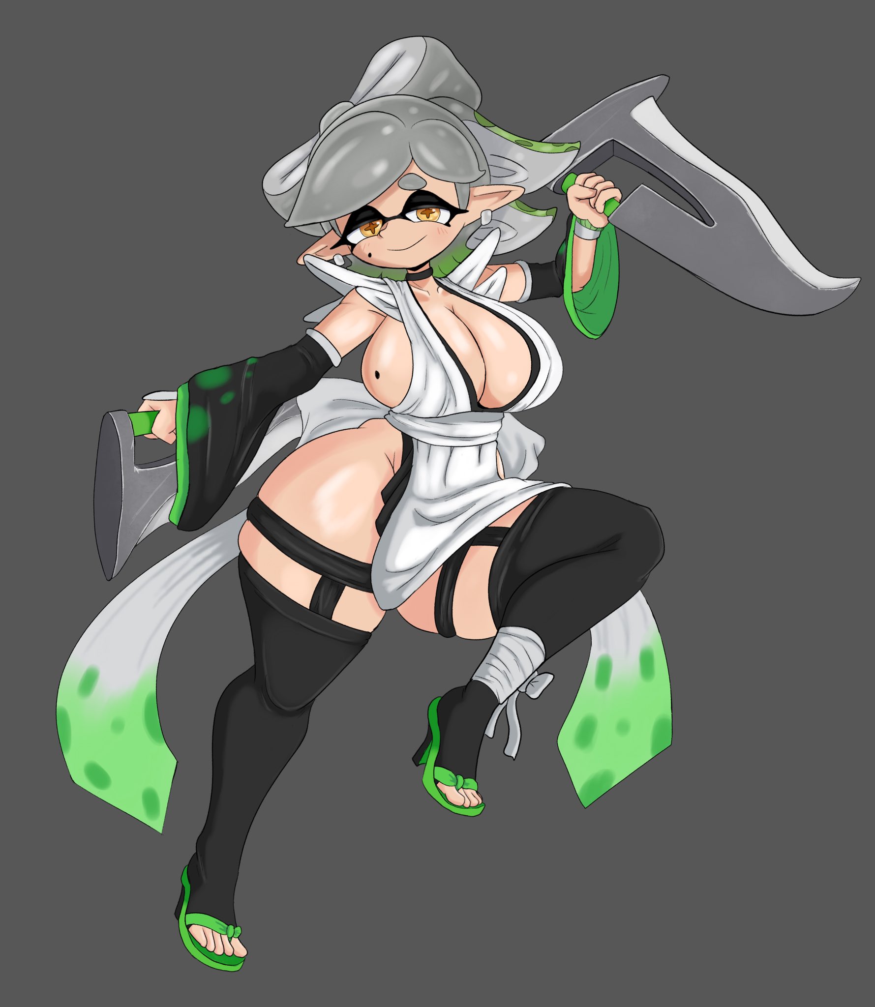1girls, 2d (artwork), breasts, cosplay, costume, digital drawing (artwork), digital media (artwork), dress, female, female focus, female only, fully clothed, fully clothed female, ghostlyshroom, gray hair, grey hair, inkling, iroha, iroha (samurai spirits) (cosplay), looking at viewer, marie (splatoon), mole, mole on breast, mole under eye, nintendo, pose, posing, samurai spirits, silver hair, simple background, splatoon, splatoon (series), squid sisters, thick thighs, weapon, yellow eyes