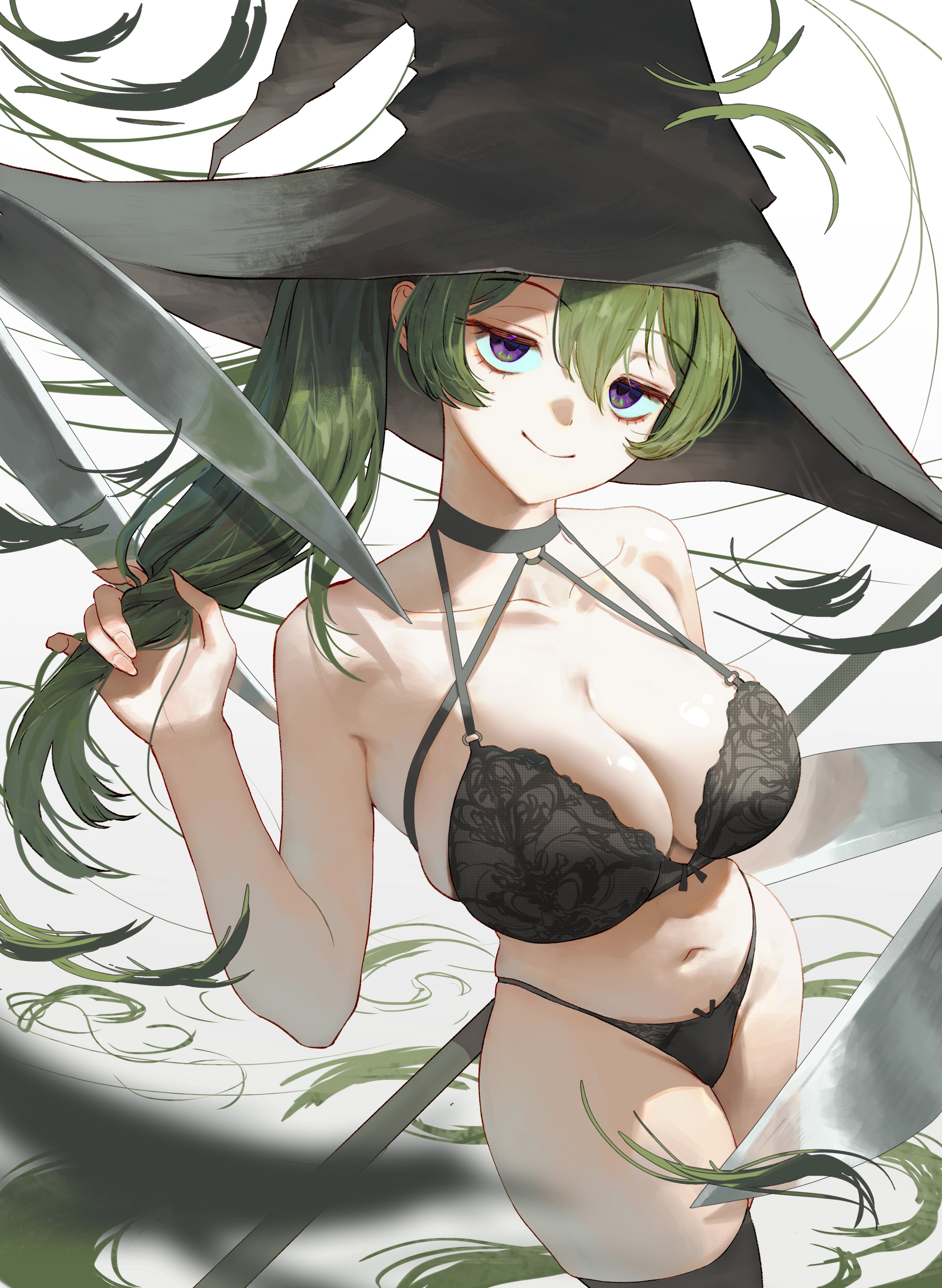 bare shoulders, belly button, big breasts, bra, breasts, cleavage, cleavage cutout, female, frieren beyond journey's end, green hair, hat, large breasts, lingerie, lingerie only, looking at viewer, panties, slim waist, smiling, sousou no frieren, tagme, teenage female, teenager, thick, thick thighs, thighhighs, tied hair, ubel (sousou no frieren), wide hips, wonbin lee