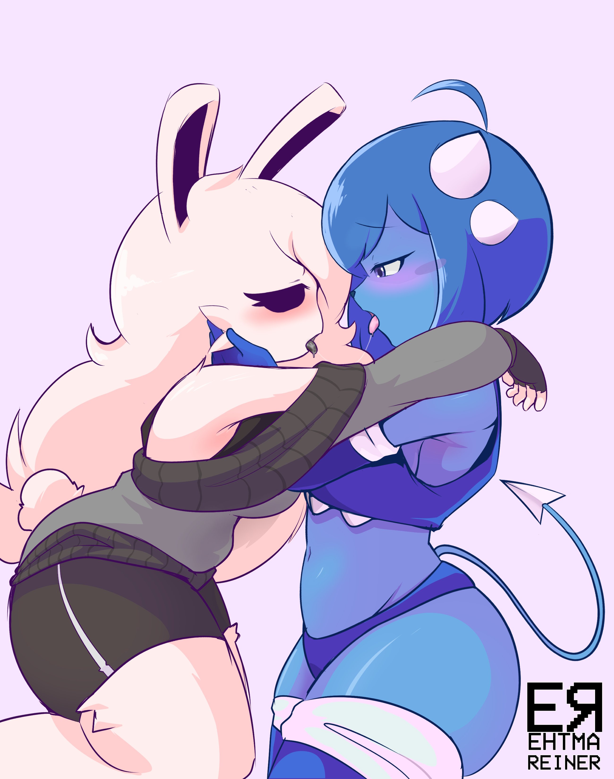 2girls, artist signature, blue body, blue hair, bunny, clubette, ehtma reiner, eyelashes, female, female only, femgram, geometry dash, horn, is she stupid?, kissing, thigh highs, thighs, yuri
