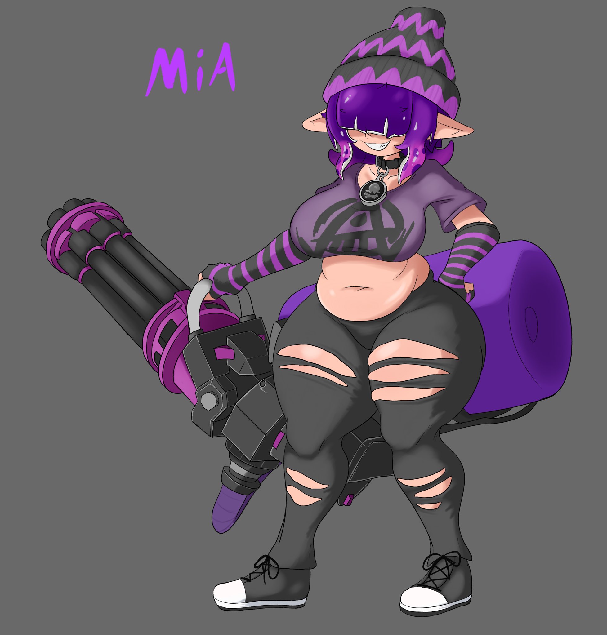 2d (artwork), clothed female, digital drawing (artwork), digital media (artwork), female, female focus, female only, fully clothed, ghostlyshroom, hair over eyes, headgear, inkling, inkling girl, mia (ghostlyshroom), minigun, nintendo, pose, posing, purple hair, splatoon, splatoon 3, weapon