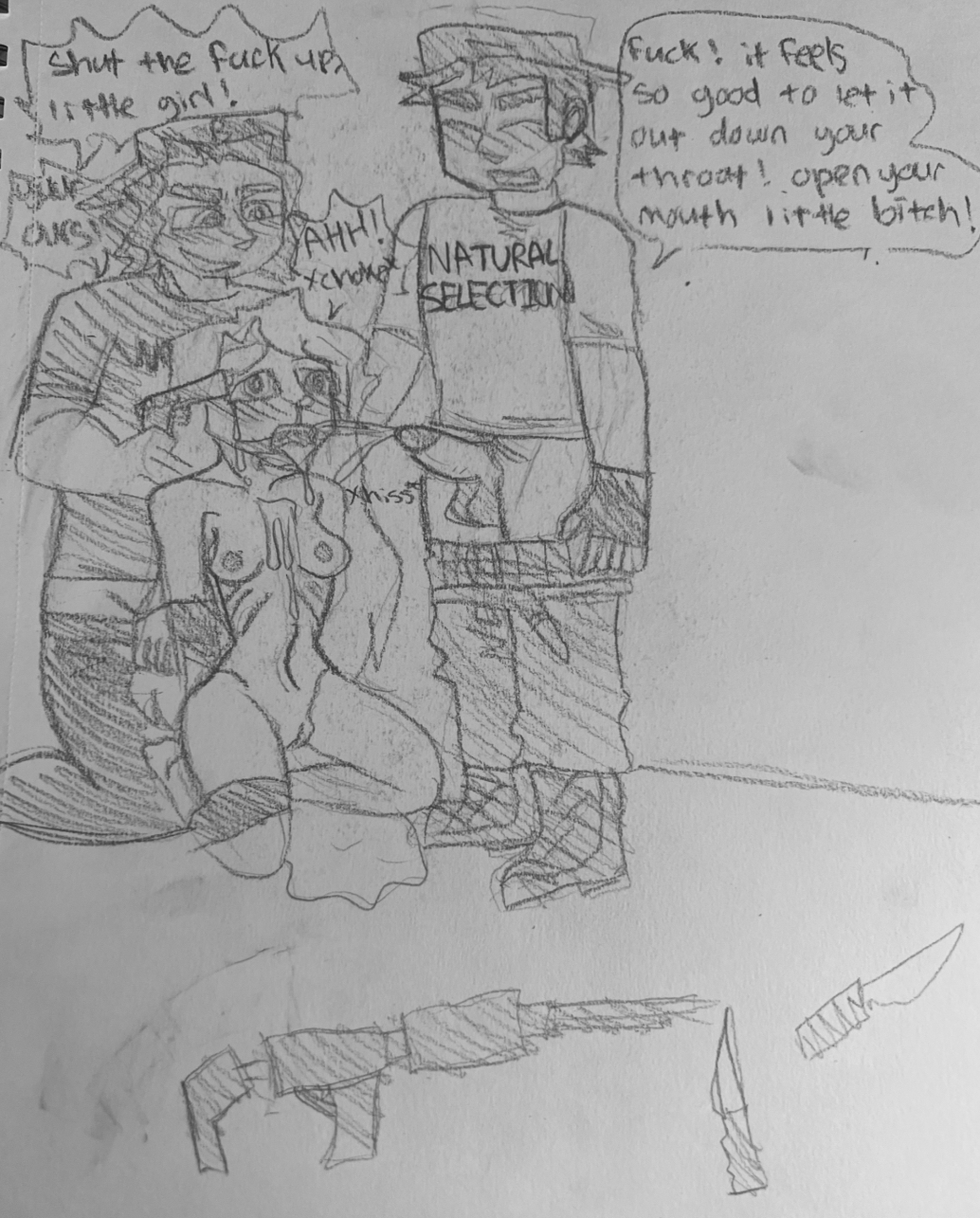 1girls 2boys abuse bound_arms bound_legs captured crying_with_eyes_open cursing dylan_klebold eric_harris female gloves gunpoint guns hat knives long_hair male original_character pants_down pissing_in_mouth pussy rape_face raped screaming_in_agony snot terrified_expression tiny_breasts underweight urinating urine urine_stream vee_(katzgreed)