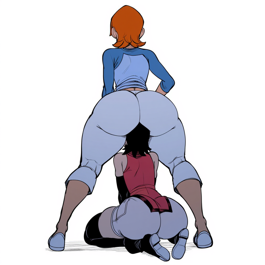 2girls ai_generated armwear ass ass_focus ben_10 big_ass black_eyes black_hair boruto:_naruto_next_generations bottomless breasts bubble_ass bubble_butt crossover eyewear female female_only glasses gwen_tennyson huge_ass mullon naruto naruto_(series) novelai sarada_uchiha short_hair