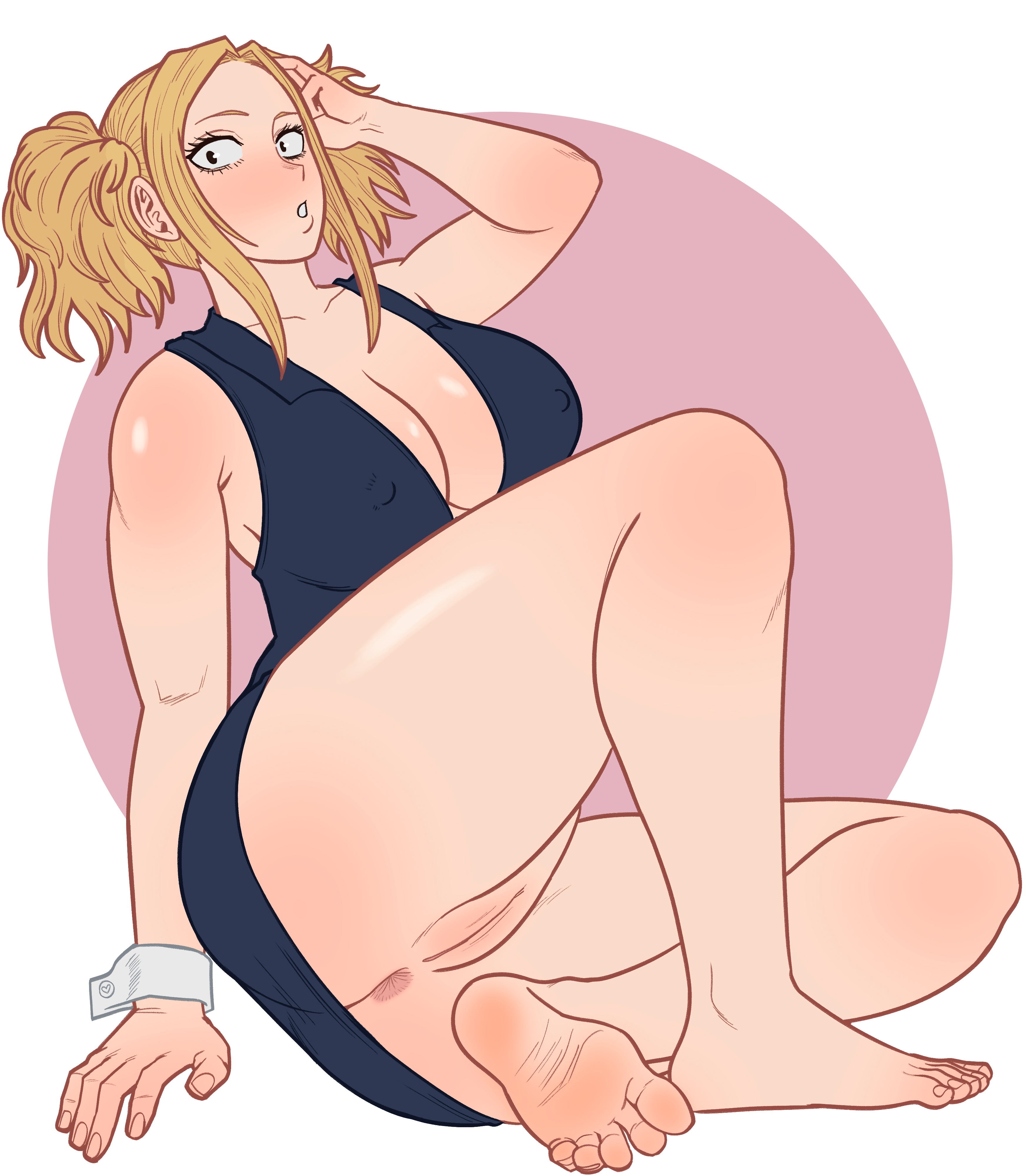 1girls, 2d, anus, big breasts, blonde hair, blonde-haired female, boku no hero academia, boob window, breasts, camie utsushimi, feet, female, looking at viewer, mfuncen, my hero academia, my hero academia (finale), no panties, post-timeskip, pussy, short hair, solo, white background