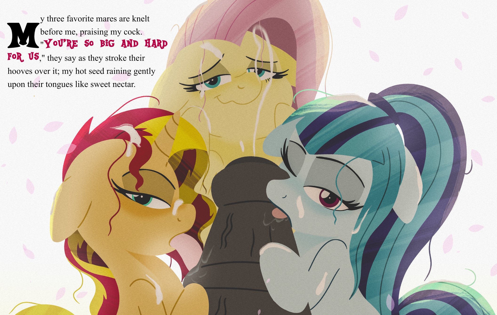 1boy, 3girls, big penis, collaborative fellatio, english text, equestria girls, fellatio, female, feral female, feral focus, fluttershy (mlp), hasbro, licking penis, male, male/female, mlp g4, my little pony, oral sex, penis, pitchgrizzle, pony, seductive look, size difference, sonata dusk, sunset shimmer, tagme, text