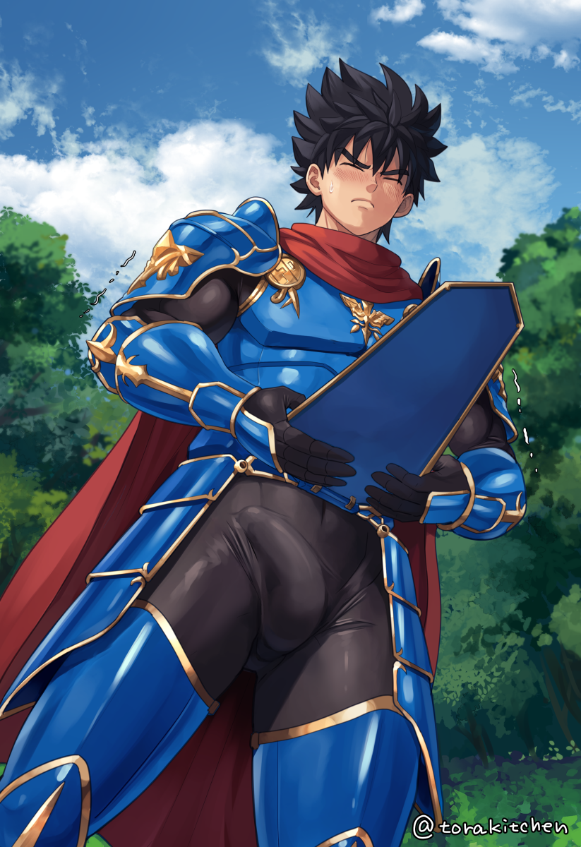 1boy armor armored_boots armored_gloves armored_skirt big_bulge black_hair bodysuit bulge bulge_through_clothing cape closed_eyes cloud dragon_quest dragon_quest_iii ebitendon embarrassed erection erection_under_clothes forest fully_clothed gauntlets gay genital_outline hero_(dq3) hi_res holding_object legs_apart lifting_clothing low-angle_view male male_only plate_armor roto short_hair sky solo spiky_hair standing sweat sweatdrop tassets thick_eyebrows torakichi_(ebitendon) torakitchen tree trembling yaoi