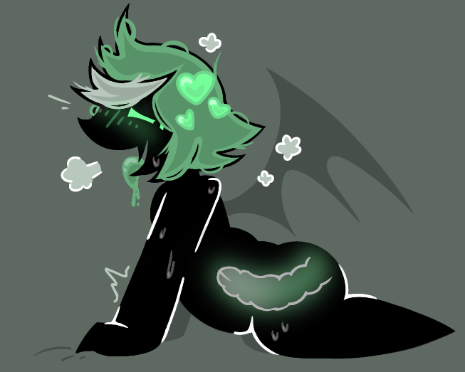 1boy alternate_version black_body disembodied_penis edgyverse femboy fundamental_paper_education fundamental_paper_education_oc green_eyes green_hair heart_symbol male mister_scizz_(edgyverse) scizz_(edgyverse) side_view sweating tongue_out x-ray