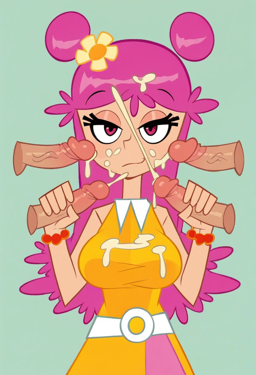 1girls 4boys ai_generated ami ami_onuki anonymous_male bedroom_eyes big_breasts breasts cartoon_network clothed covered_in_cum cum ejaculation female handjob hi_hi_puffy_amiyumi male multiple_penises penis seductive smile