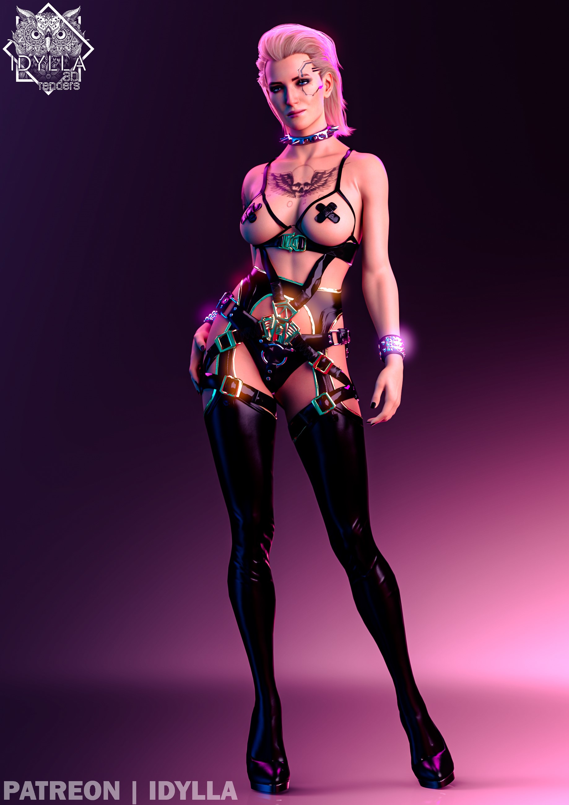 1girls, 2023, 3d, areolae slip, band-aid, band-aid on nipple, black nail polish, blonde hair, blue tattoo, breasts, chest tattoo, cupless bra, cyberpunk 2077, female, female only, front view, full body, garter belt leggings, harness, high heels, idylla, legs apart, medium breasts, medium hair, meredith stout, nail polish, painted nails, pasties, simple background, slicked back hair, smile, solo, standing, studded bracelet, thigh strap, waist harness, x pasties