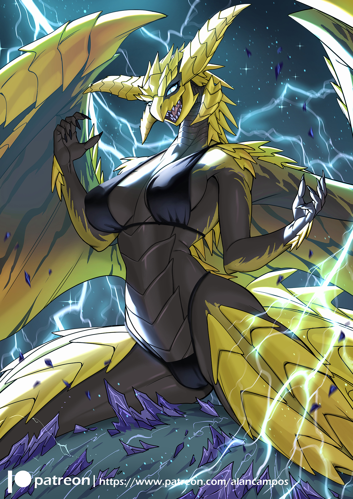 alanscampos, anthro, bikini, blue eyes, breasts, capcom, clothed, clothing, dragon, electricity, female, flying wyvern, hi res, horn, lightning, membrane (anatomy), membranous wings, monster hunter, mythological creature, mythological scalie, mythology, partially clothed female, pinup, pose, rey dau, scales, scalie, sharp teeth, skimpy, solo, spikes, swimwear, teeth, thick thighs, two-piece swimsuit, wings, yellow body, yellow horn, yellow scales