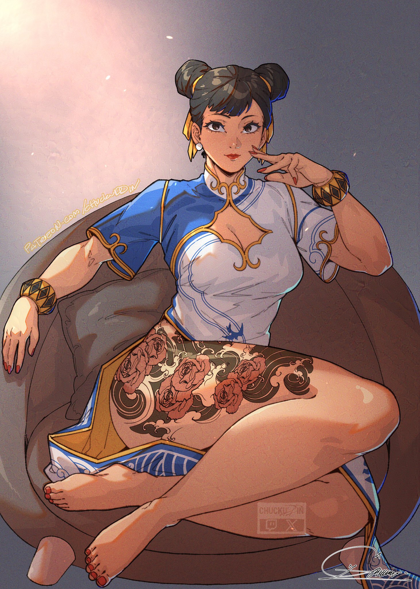 1girls, artist name, capcom, chuckuddin, chun-li, feet, female, legs, solo, solo female, solo focus, street fighter, street fighter 6, tattoo, tattoo on legs, thick, thick legs, thick thighs, thighs, toes