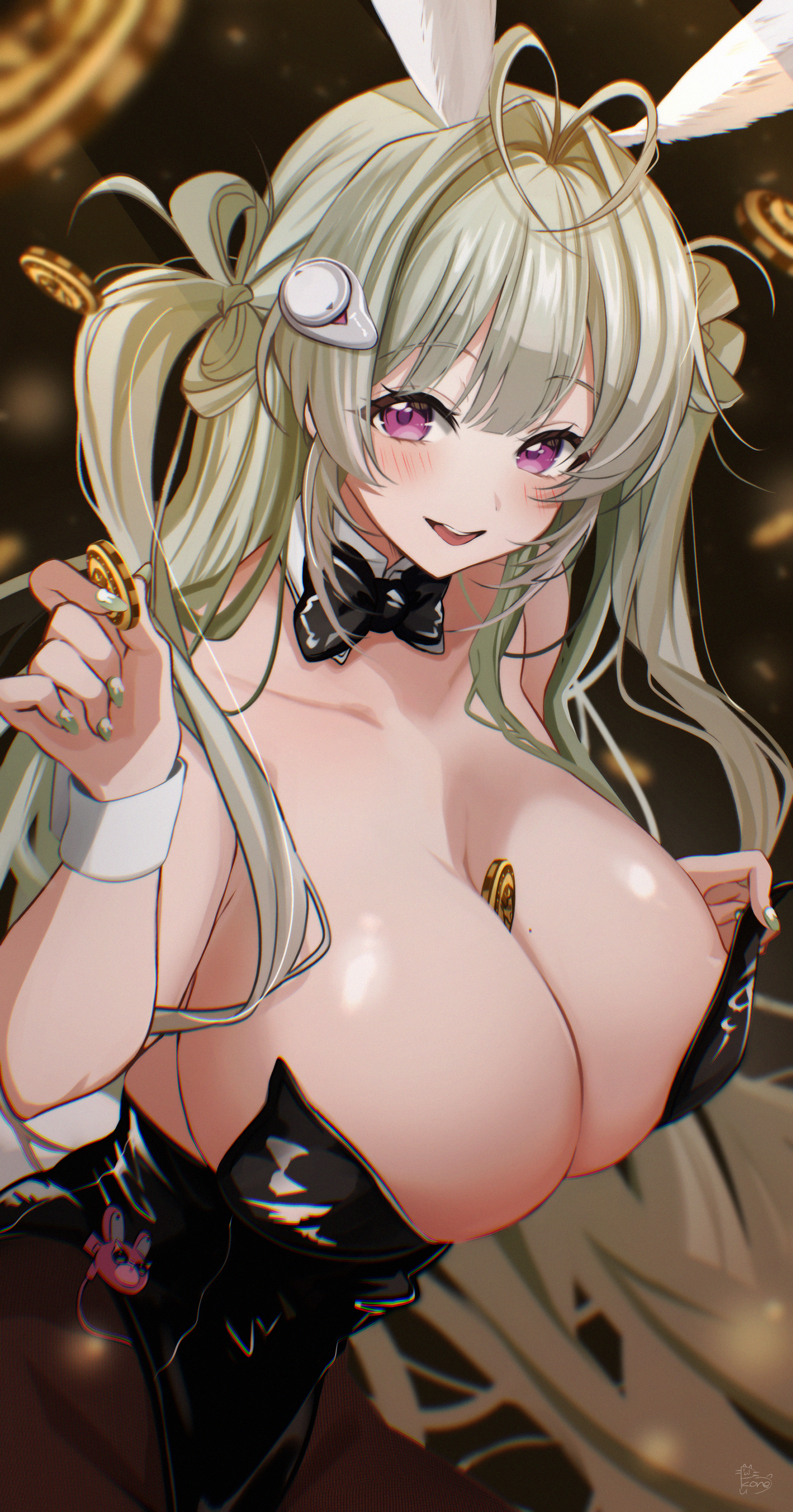 absurdres, animal ears, antenna hair, between breasts, black bow, black bowtie, black leotard, bow, bowtie, breasts, cleavage, coin, detached collar, fake animal ears, female, goddess of victory: nikke, green hair, green nails, heart antenna hair, highres, holding, holding coin, huge breasts, leotard, leotard tug, long hair, looking at viewer, mole, mole on breast, open mouth, playboy bunny, pukonuu, purple eyes, soda (nikke), soda (twinkling bunny) (nikke), solo, undersized breast cup, upper body, white wrist cuffs, wrist cuffs