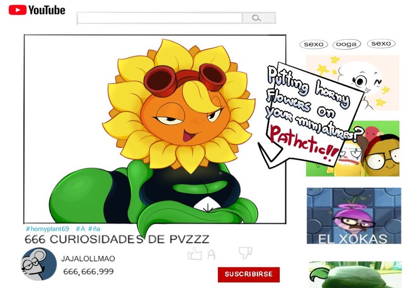 1girls 4th_wall_breaking anthro anthrofied ass boob_window breasts cleavage dialogue female fertilizing_(artist) flora_fauna funny late latesitoo looking_at_viewer meme meme_reference plant plant_girl plant_humanoid plantie plants_vs._zombies plants_vs_zombies popcap_games pussy sdlg solar_flare_(pvz) speaking_to_viewer sunflower_(pvz) text wall-nut_(pvz) youtube