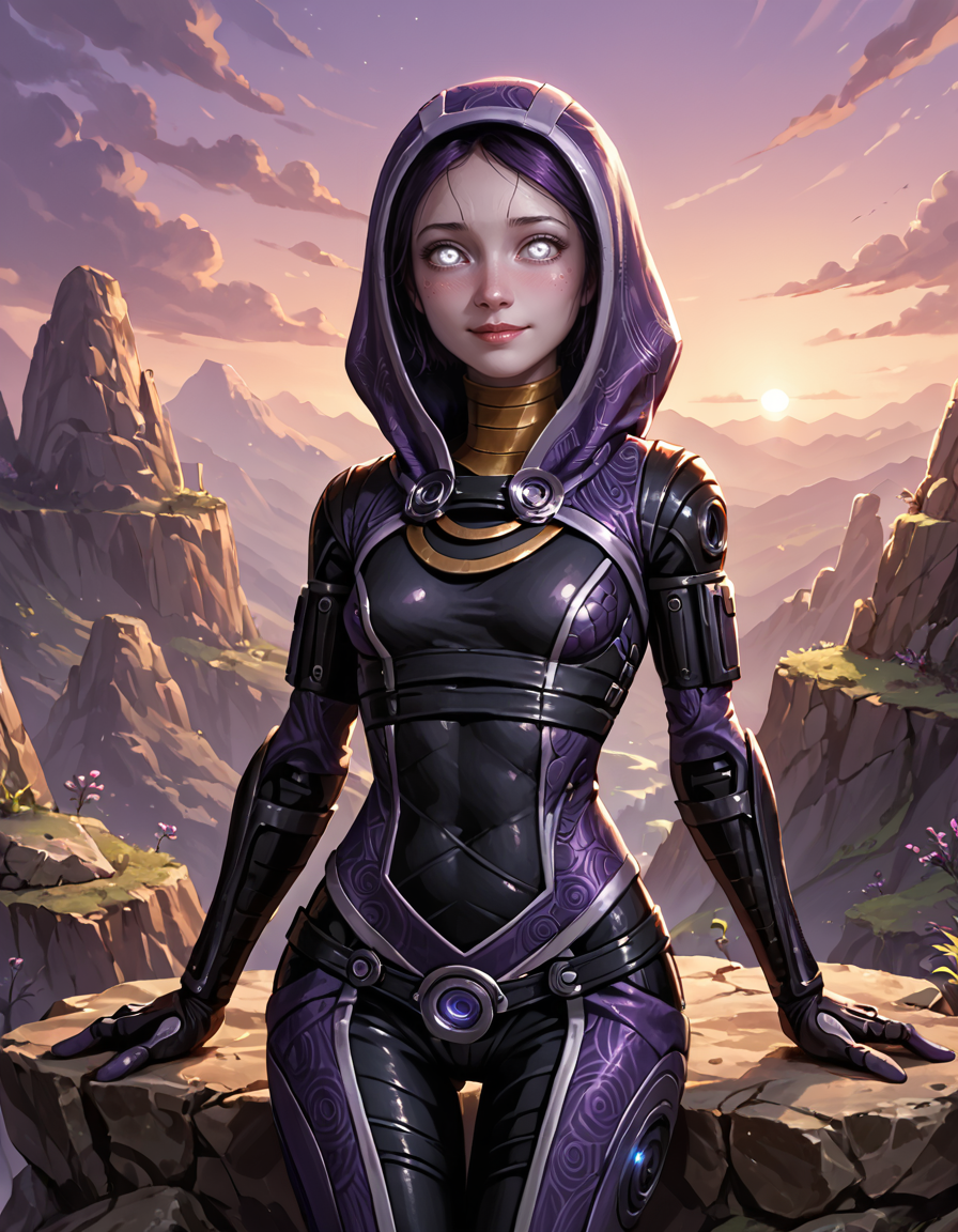 ai_generated armor arms_at_sides bangs blush bodysuit breasts clothing cloud cloudy_sky contentious_content day female female_only hood hood_up lips lok_ai looking_at_viewer mass_effect medium_breasts mountain outdoors purple_hair quarian skin_tight sky smile solo standing sunset tali'zorah_nar_rayya thigh_gap white_eyes