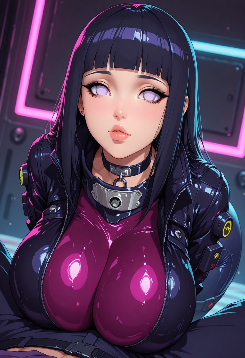 ai generated, ass, bimbo, bimbo lips, blunt bangs, breasts, choker, female, fishnets, huge ass, huge breasts, hyuuga hinata, large breasts, latex, leather, naruto (series), pobodyznerf, tagme, tight clothing