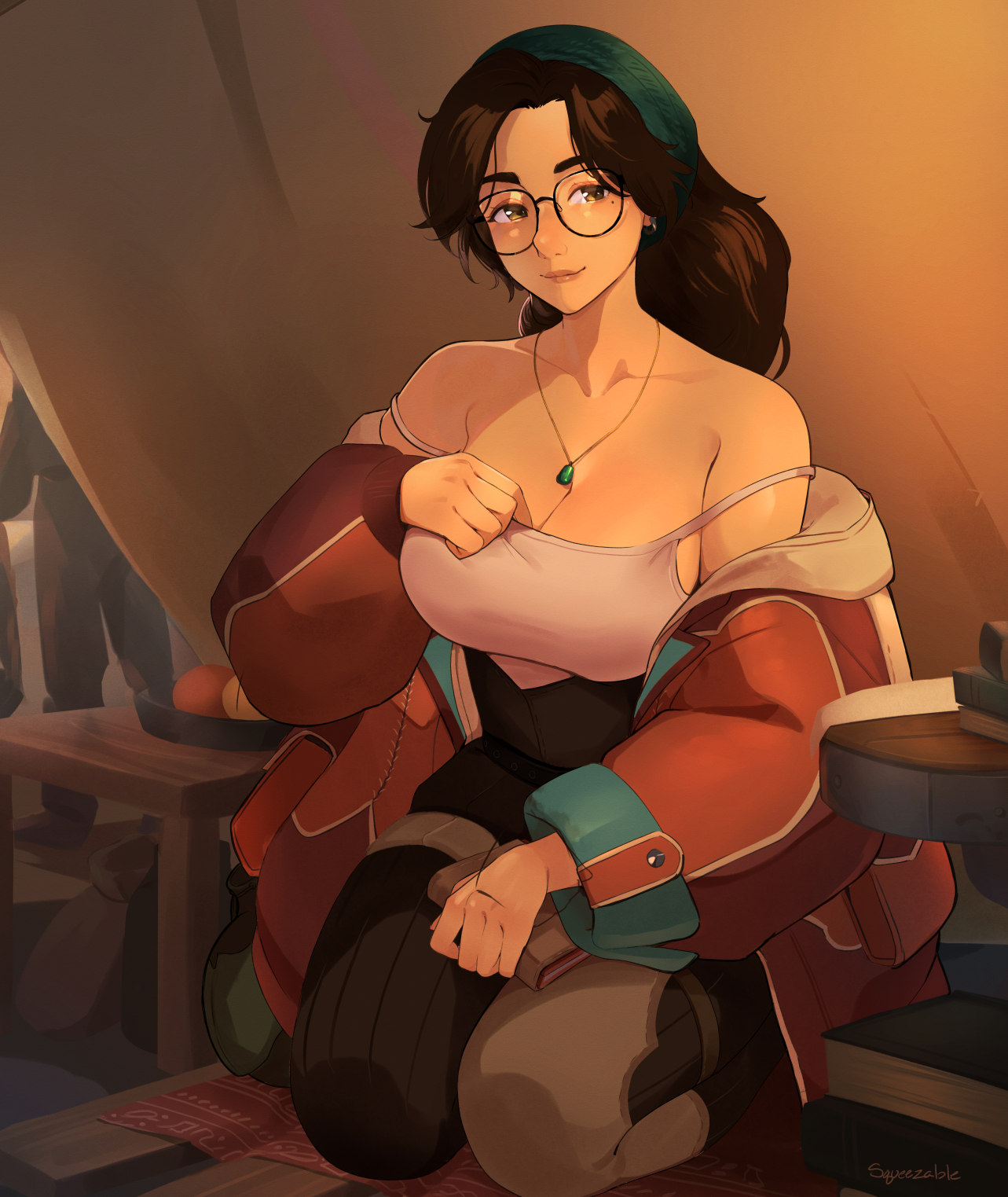1girls, alma (monster hunter wilds), bare shoulders, big breasts, breasts, cleavage, collarbone, dark hair, eyebrows, female, female only, glasses, hairband, hand on chest, indoors, inside, kneeling, light skin, light-skinned female, lips, long hair, looking at viewer, mole, mole under eye, monster hunter wilds, necklace, no bra, nose, off shoulder, partially clothed, round glasses, smile, solo, squeezable, tent, topwear, white topwear, yellow eyes