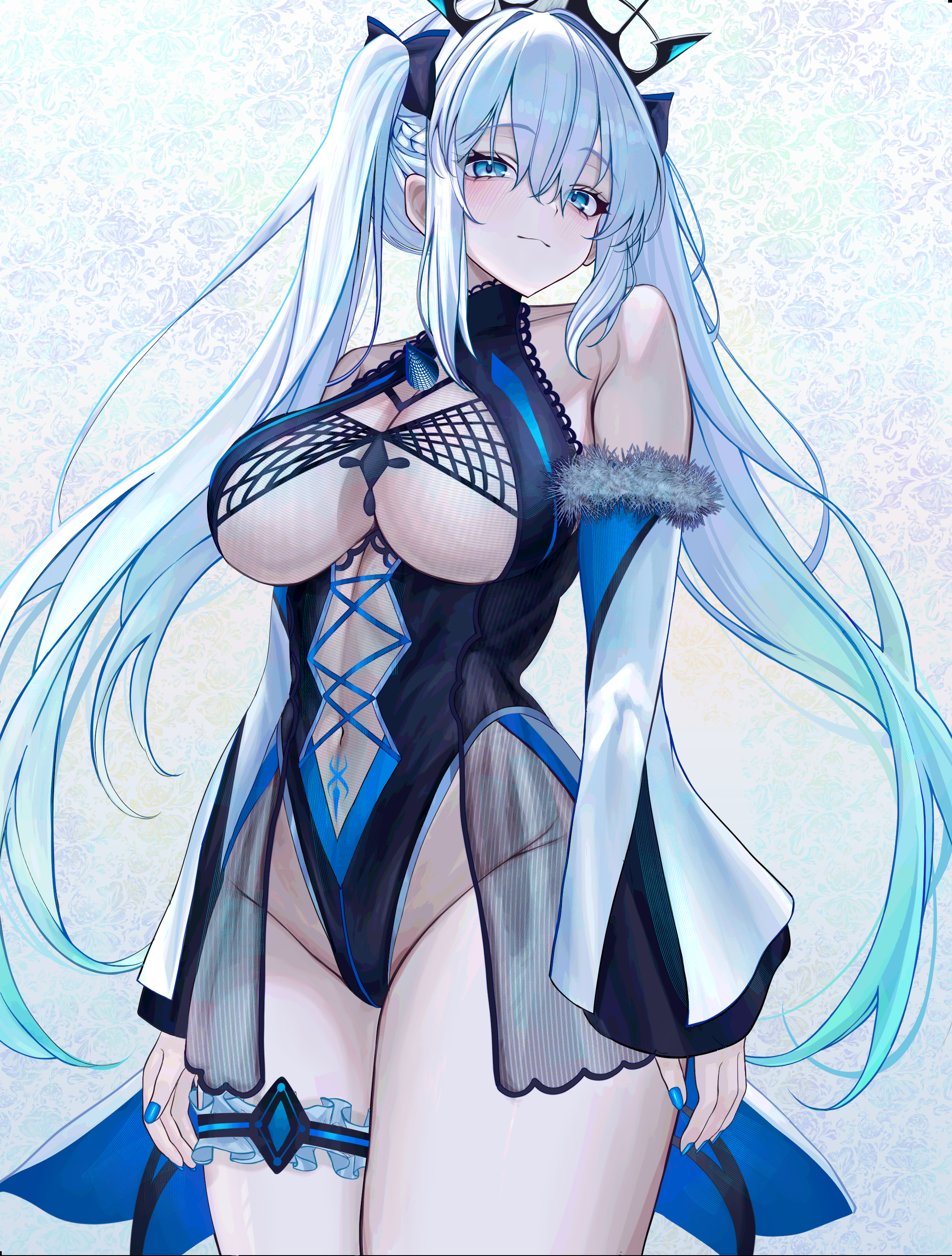 absurdres, alternate costume, alternate hairstyle, arms at sides, bare shoulders, blue eyes, blue nails, blush, breasts, closed mouth, cowboy shot, fate (series), fate/grand order, female, gurei (streaper42846), highleg, highleg leotard, highres, large breasts, leotard, long hair, long sleeves, looking at viewer, morgan le fay (fate), nail polish, navel, sidelocks, solo, thigh strap, thighs, twintails, white hair