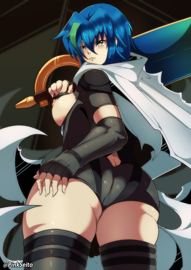 artist name, ass, ass focus, big sword, black leotard, blue hair, breasts, broadsword, durandal, female, fingerless gloves, green strand of hair, hand on ass, heavenly ass, high school dxd, looking back, medium breasts, naked thighhighs, orphen (pink seito), pinkseito, short hair, skintight bodysuit, thick thighs, white cloak, xenovia quarta, yellow eyes