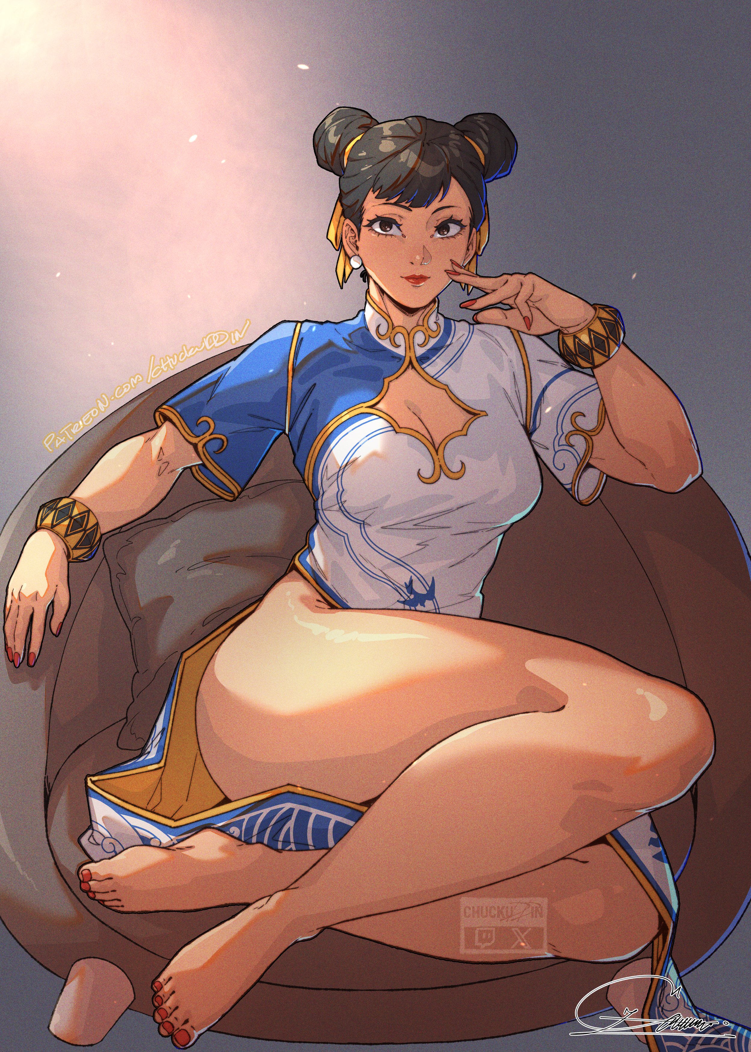 1girls, artist name, capcom, chuckuddin, chun-li, feet, female, legs, solo, solo female, solo focus, street fighter, street fighter 6, thick, thick legs, thick thighs, thighs, toes