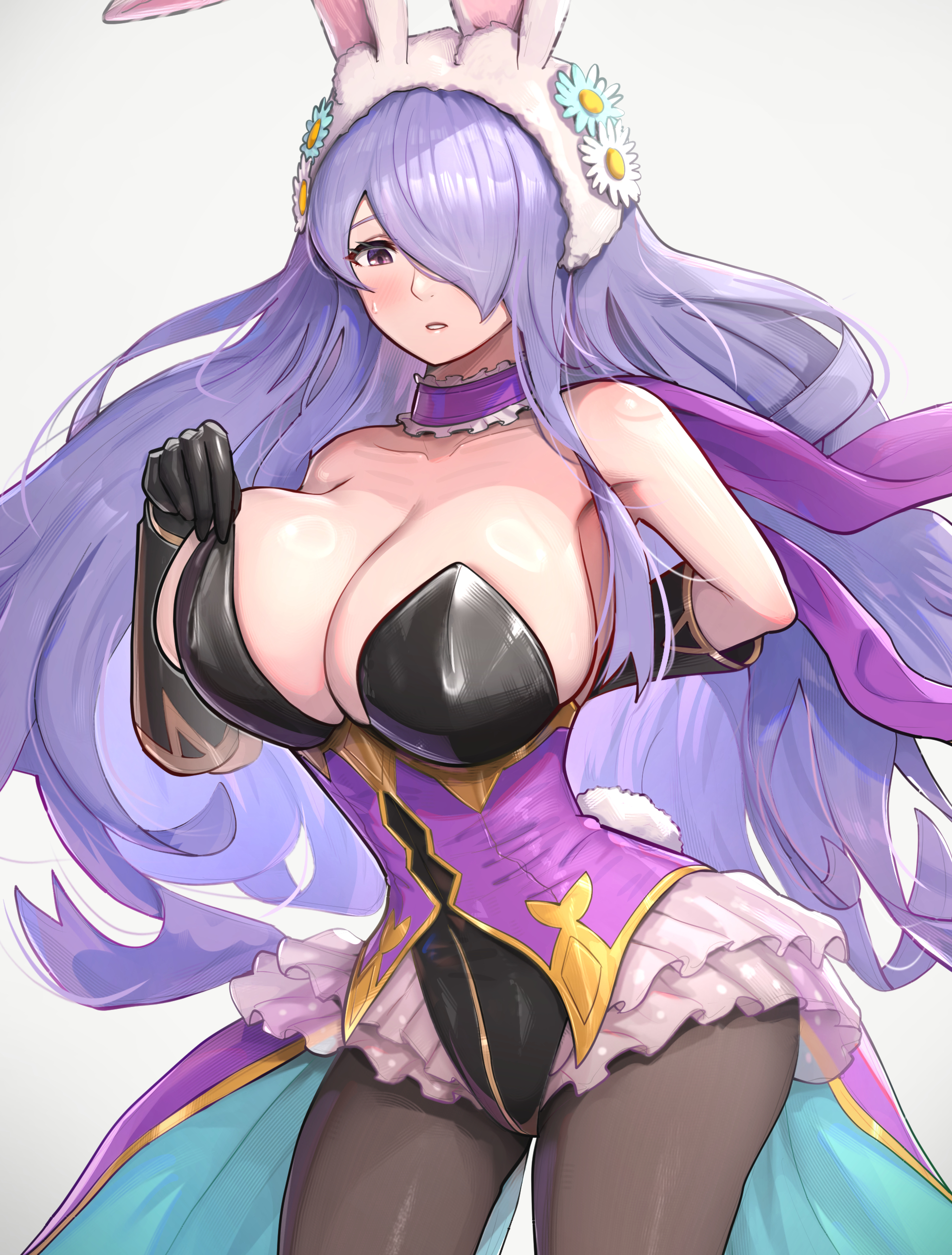 1girls, absurdres, alternate costume, animal ears, bare shoulders, blush, breasts, camilla (fire emblem), choker, cleavage, fake animal ears, female, fire emblem, fire emblem fates, fire emblem heroes, frilled choker, frills, gloves, gonzarez, hair over one eye, highres, intelligent systems, large breasts, leotard, long hair, looking at viewer, nintendo, nontraditional playboy bunny, official alternate costume, pantyhose, playboy bunny, purple eyes, purple hair, rabbit ears, rabbit tail, solo, tail, very long hair, wavy hair