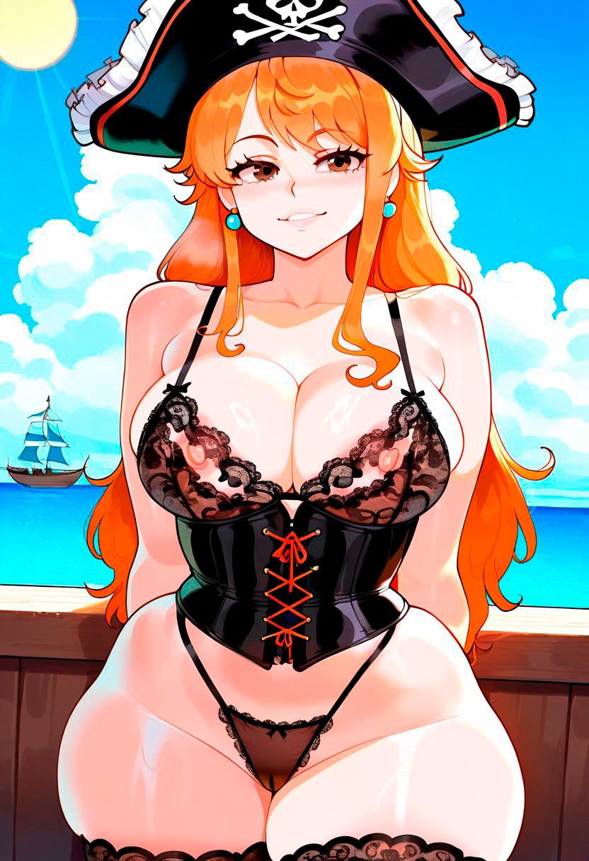 1girls, absurd res, ai assisted, ai generated, ass, big ass, big breasts, big butt, big thighs, breasts, corset, female, female only, frilly panties, high resolution, highres, king ai, large ass, large breasts, large butt, lingerie, lingerie bra, lingerie panties, massive ass, massive breasts, massive butt, massive thighs, nami (one piece), one piece, orange eyes, orange hair, orange-haired female, pirate hat, stable diffusion, stockings, thick ass, thick butt, thick legs, thick thighs, thigh thighs, thighs