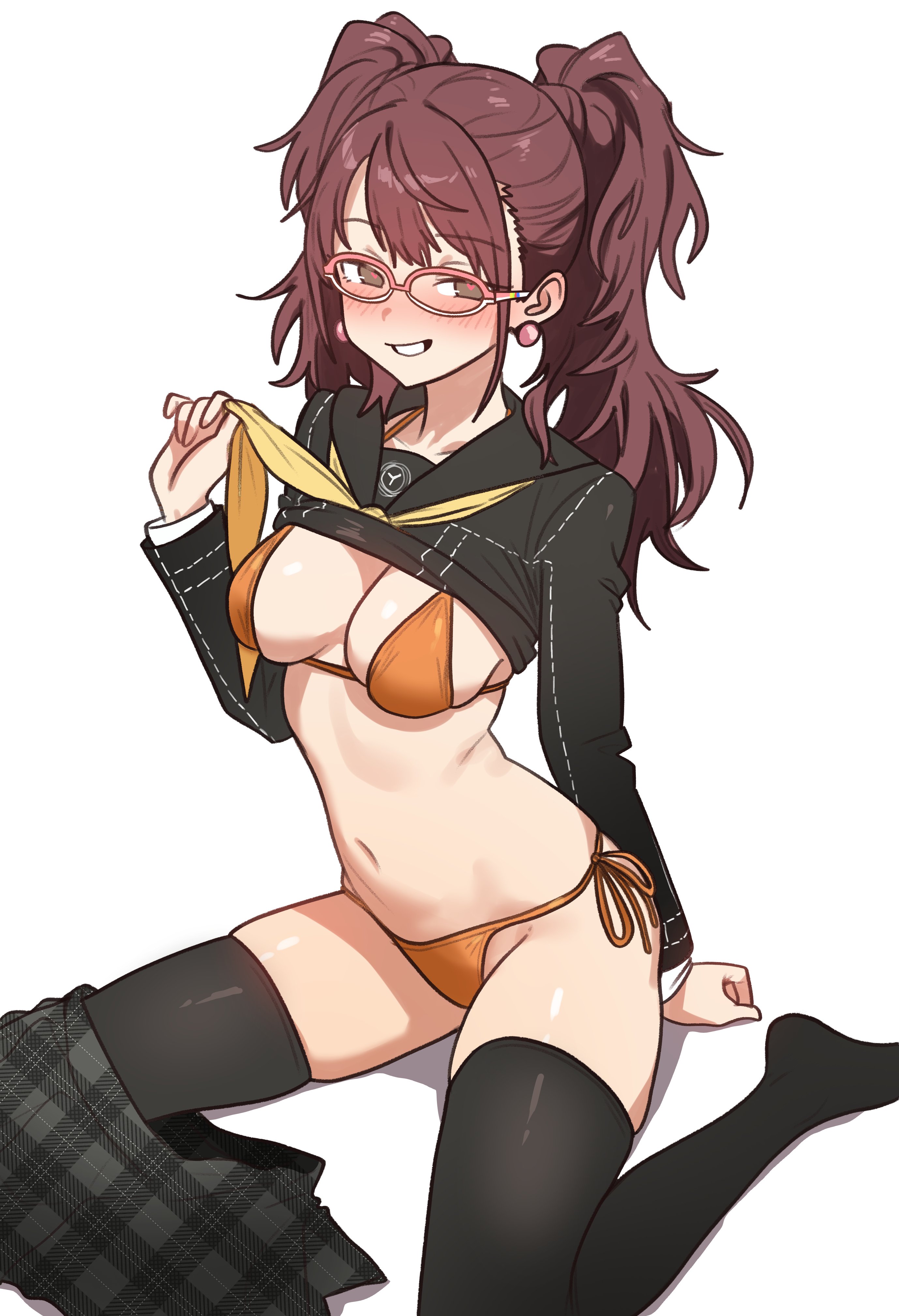 1girls, atlus, bikini top, breasts, brown eyes, brown hair, earrings, ebora, female, glasses, kujikawa rise, light skin, light-skinned female, long hair, naughty face, persona, persona 4, school uniform, schoolgirl, seductive, seductive pose, thighhighs, twintails, youngmanisdown